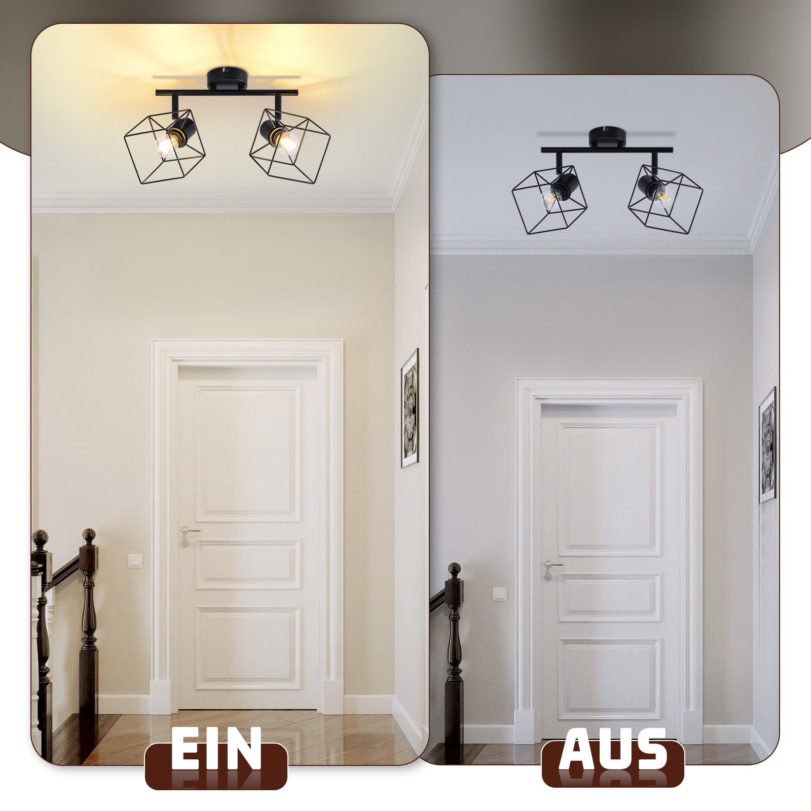 Due immagini: un corridoio con luci accese e spente. Le luci sono forme geometriche nere sul soffitto.