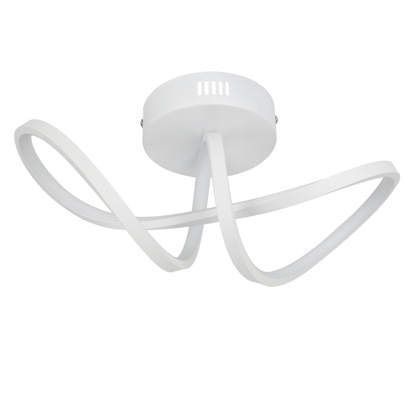 Una lámpara de techo blanca con una base circular y tres brazos curvos.