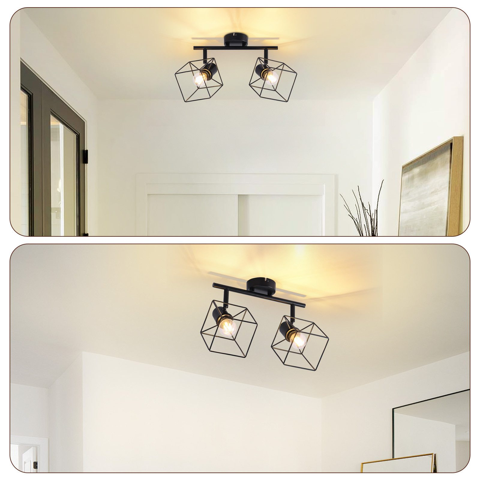 Cornice nera con due faretti. Dimensioni e icone sono mostrate con testo.