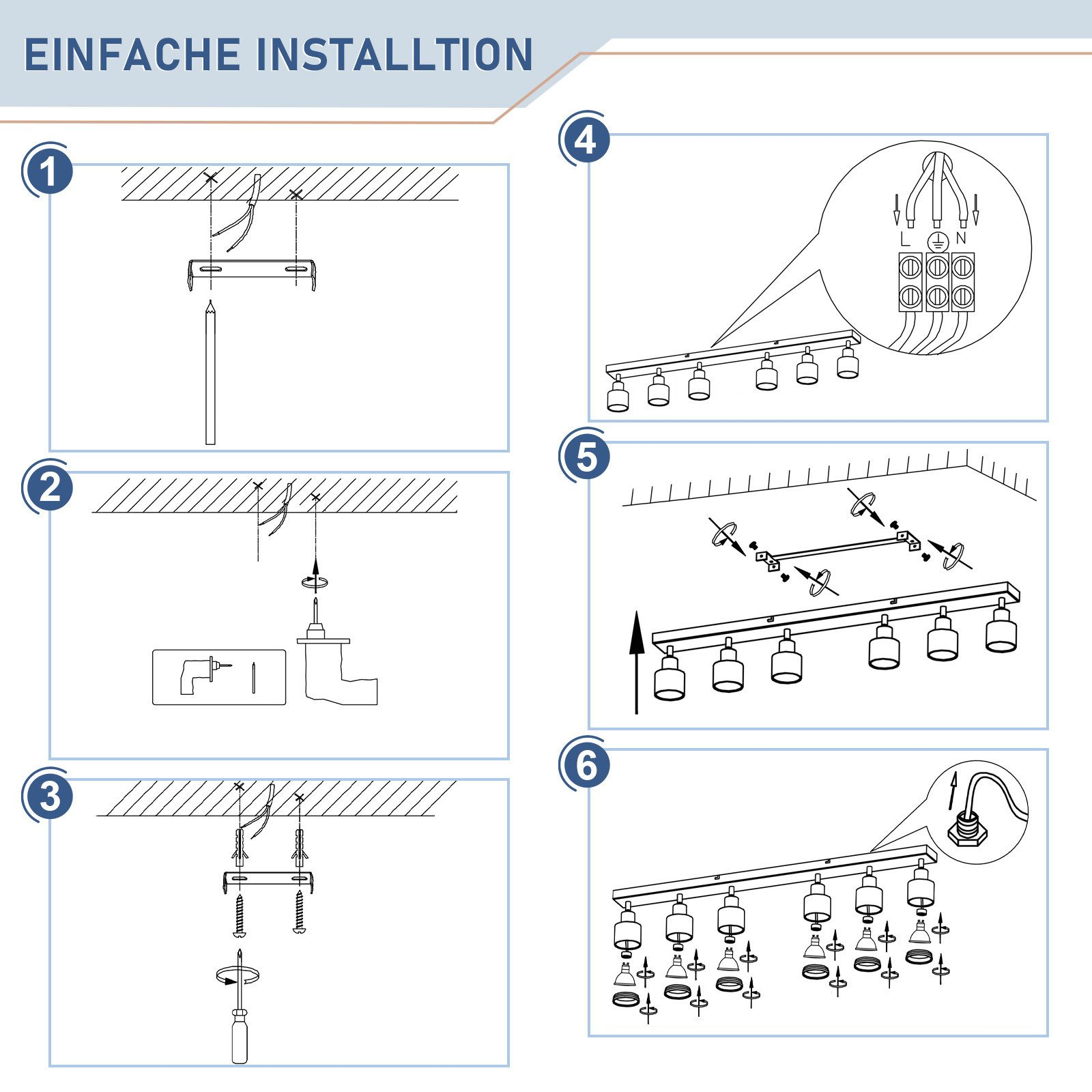 Diagramma che mostra le fasi di installazione di un apparecchio di illuminazione a soffitto. I passaggi sono numerati da 1 a 6.