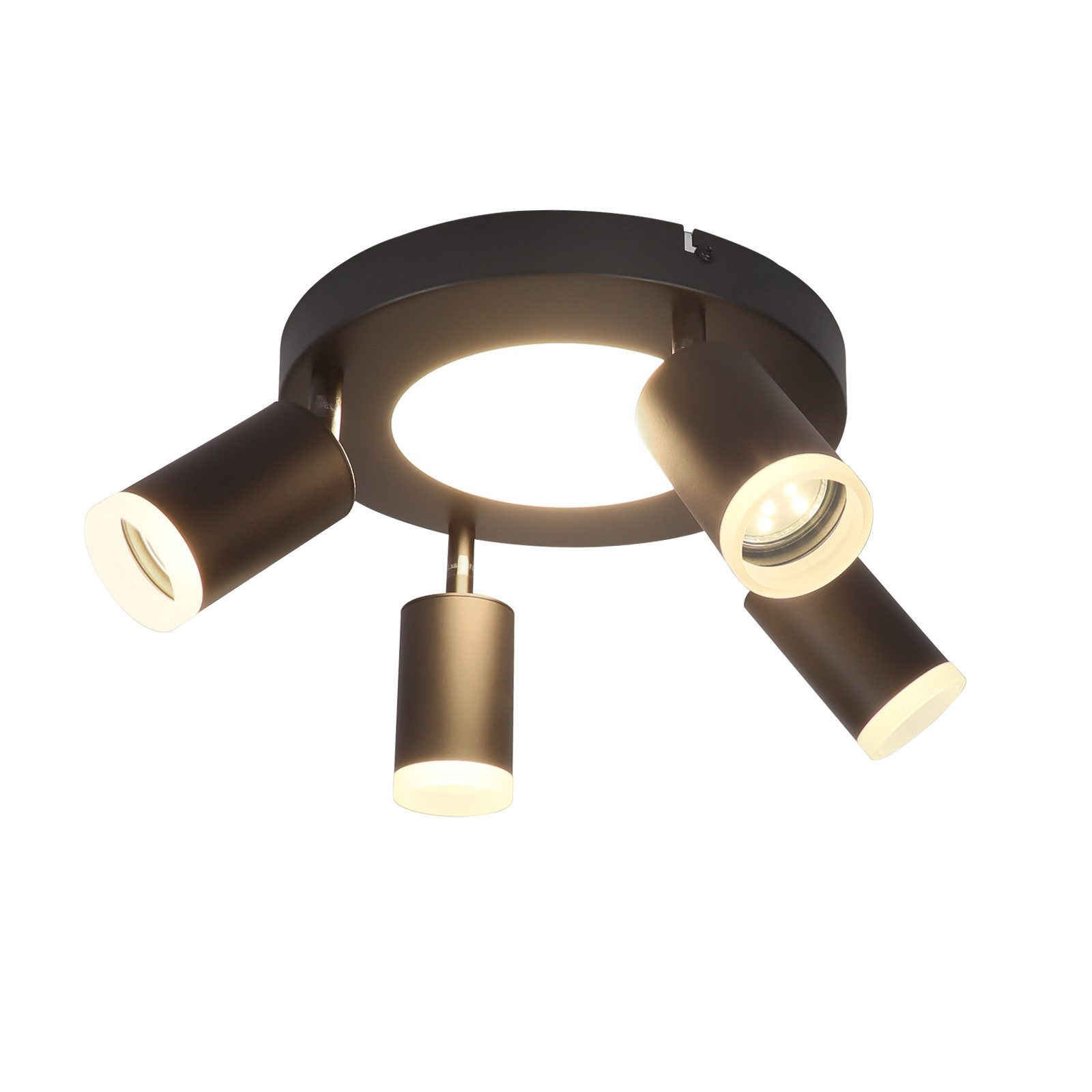 Lampada da soffitto nera con quattro faretti. Uno centrale, tre angolati.