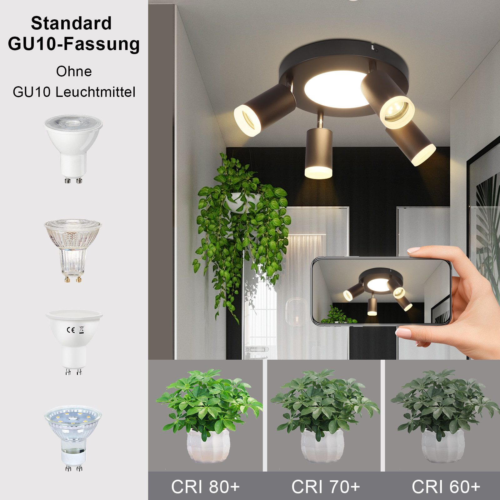 Un apparecchio di illuminazione con tre faretti, lampadine GU10. Vengono mostrate immagini di lampadine e piante.