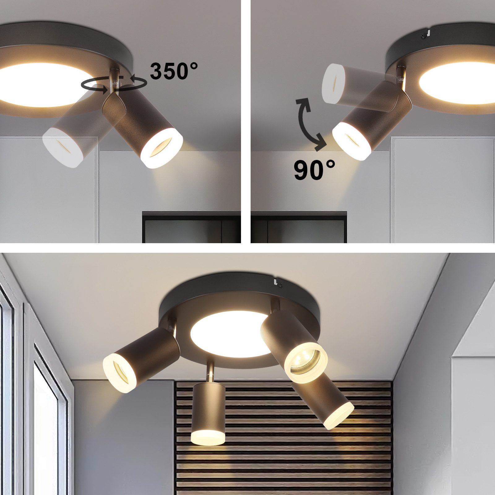 Una luce da soffitto con tre faretti orientabili, che mostrano diversi angoli di rotazione.
