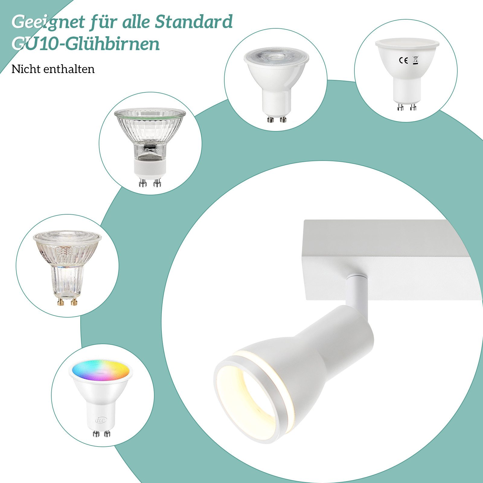 Faretto bianco e varie lampadine GU10 su sfondo bianco.