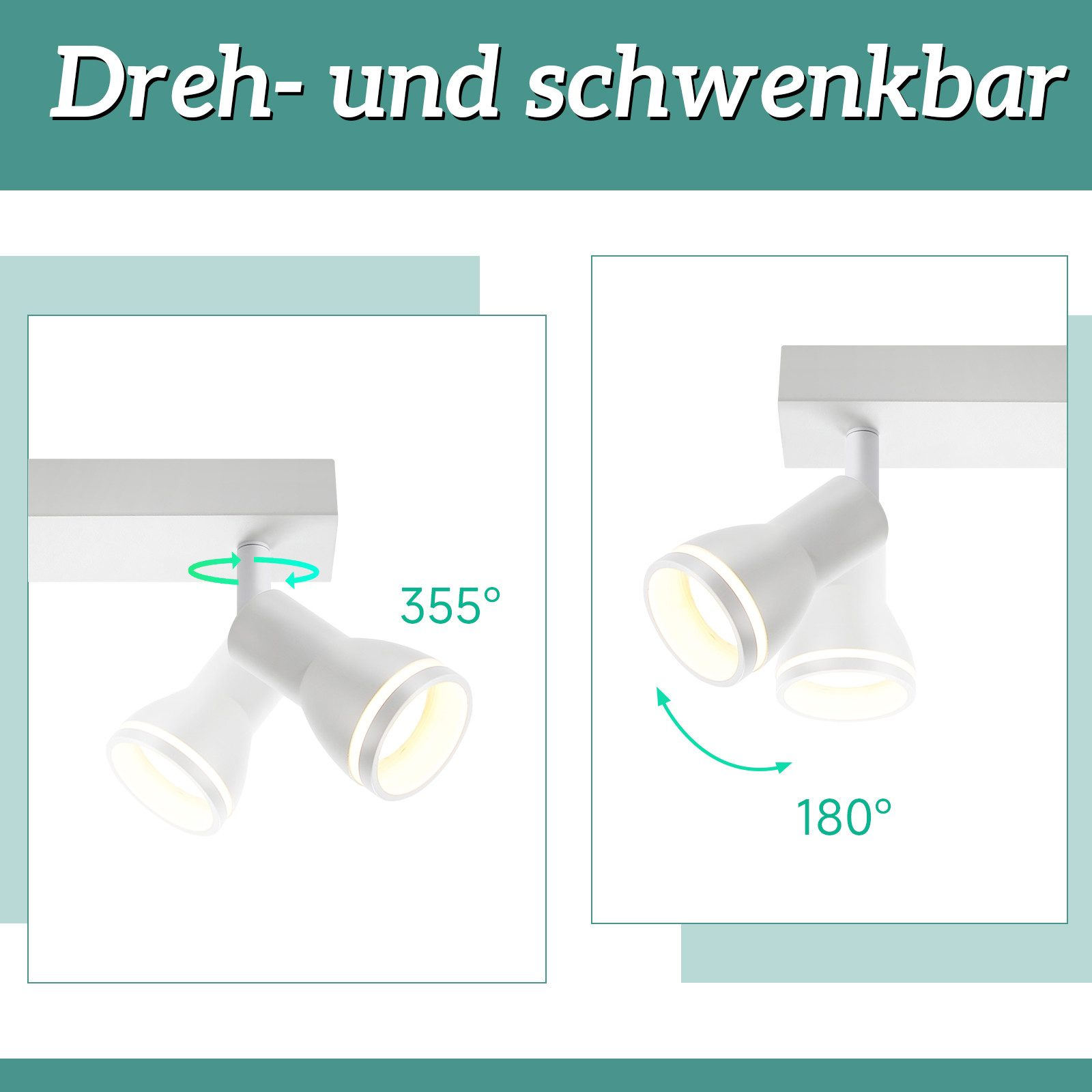 Diagramma di faretti rotanti di 355 e 180 gradi, con le parole 'Dreh- und schwenkbar'.