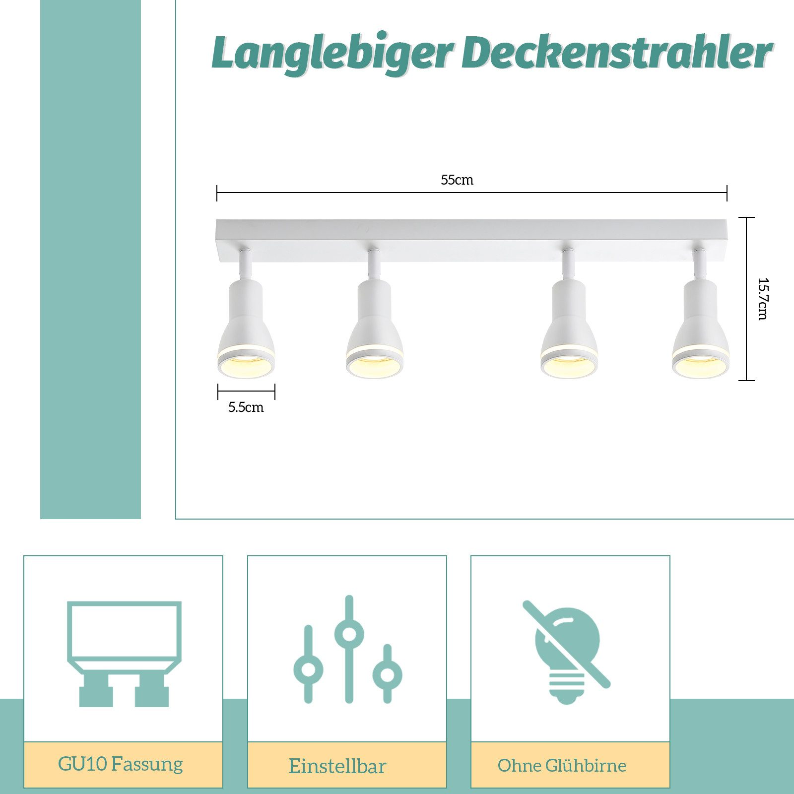 Un apparecchio di illuminazione a soffitto bianco con quattro faretti orientabili, con testo e icone per funzioni e dimensioni.
