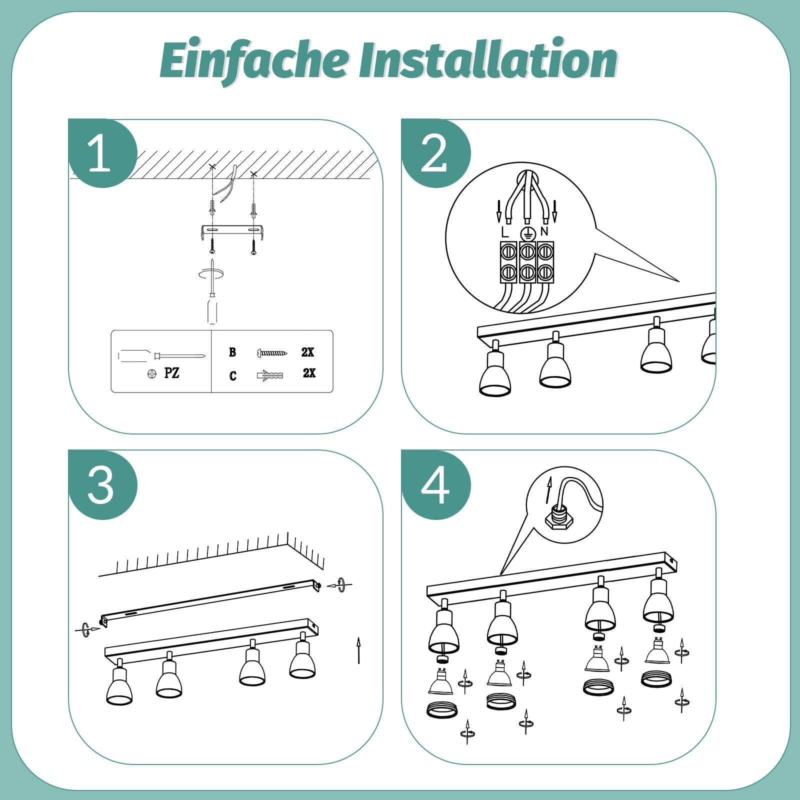 Guida all'installazione in quattro fasi con diagrammi e testo per le plafoniere. Strumenti e fili mostrati.