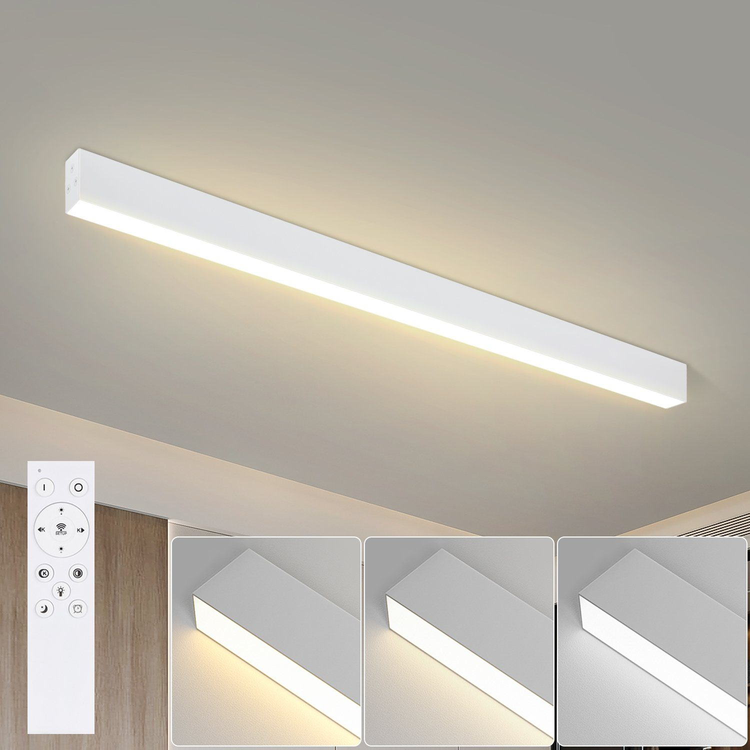 Biała prostokątna lampa sufitowa LED z pilotem i trzema opcjami oświetlenia.