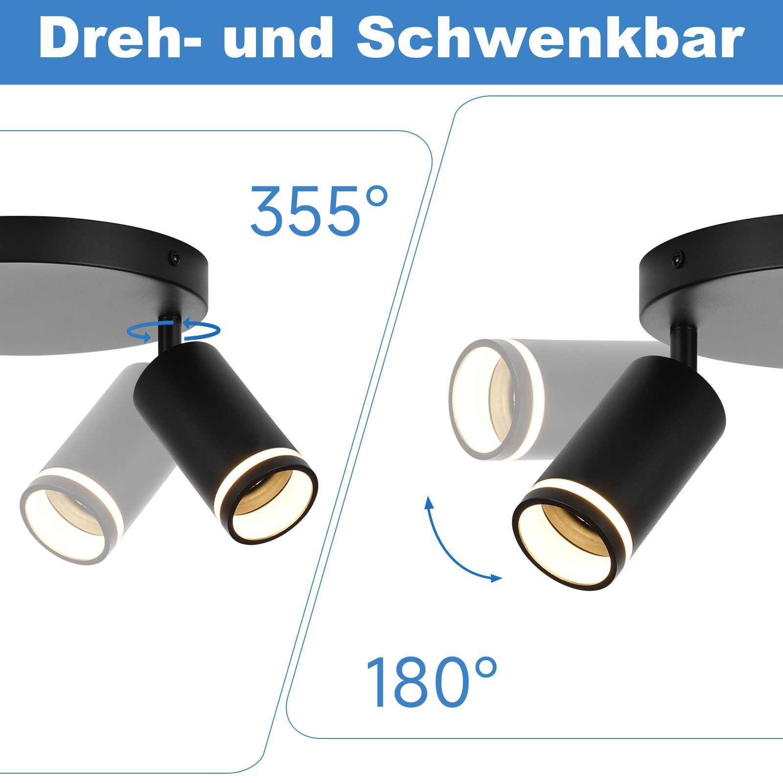 Faretti neri, uno ruotato di 355 gradi, l'altro di 180 gradi. Testo: Dreh- und Schwenkbar (Orientabile e Rotante).