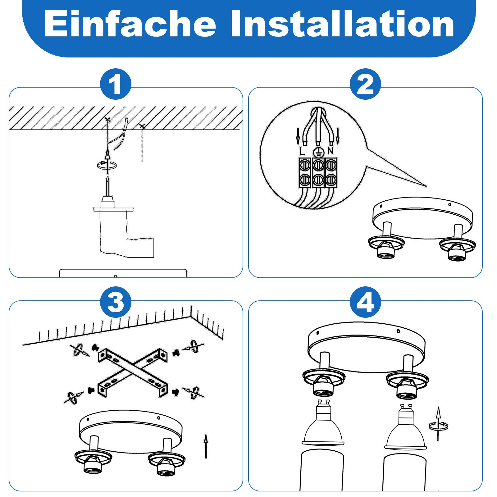 Fasi di installazione di una lampada da soffitto: 4 immagini del processo.