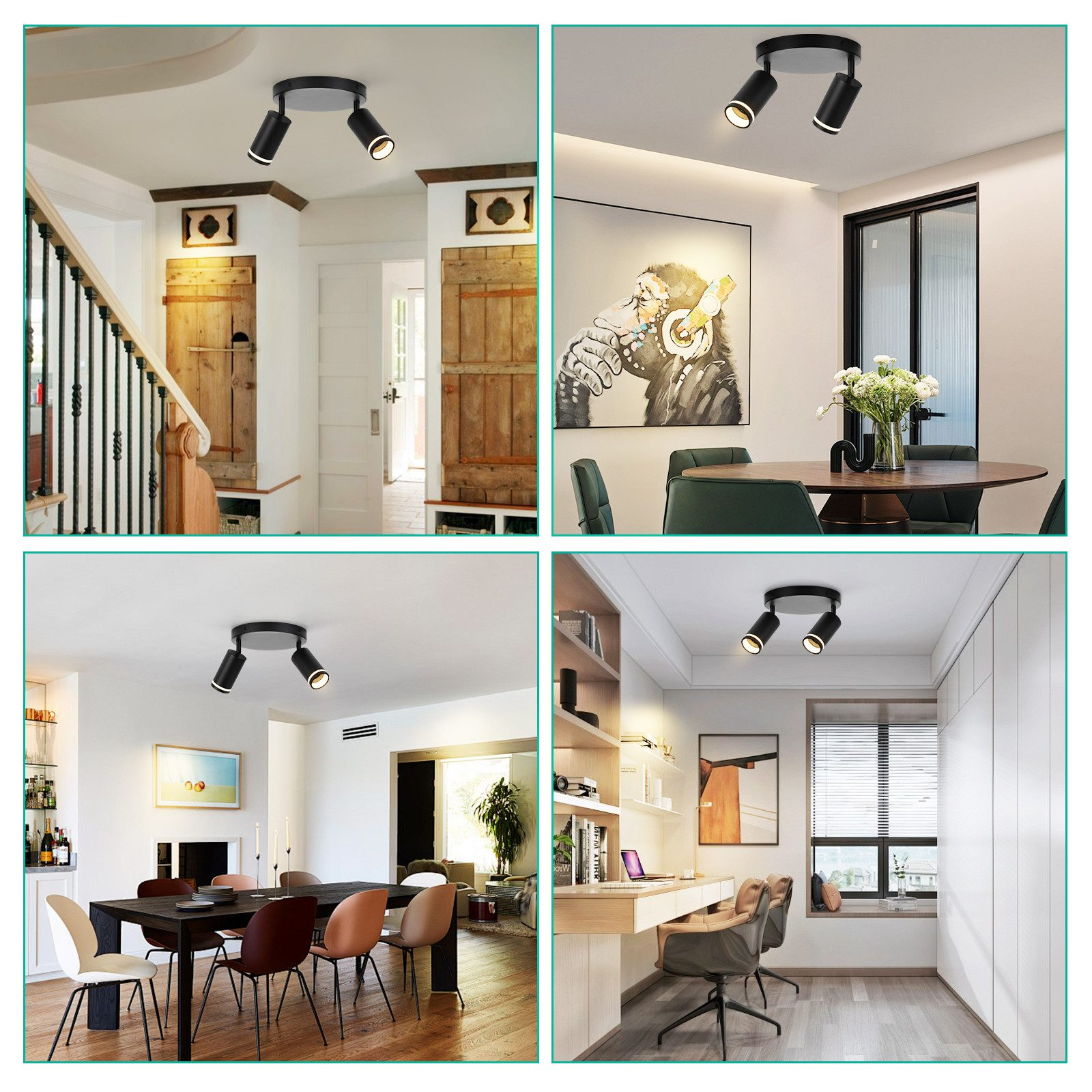 Collage di stanze con faretti a soffitto, vari layout e design di stanze.