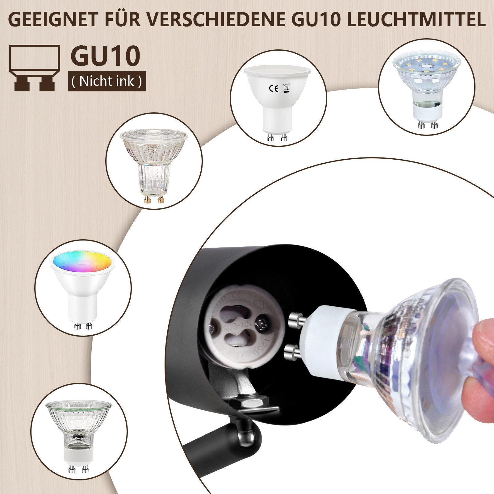 Różne żarówki GU10. Ręka wkłada żarówkę do czarnej oprawy.