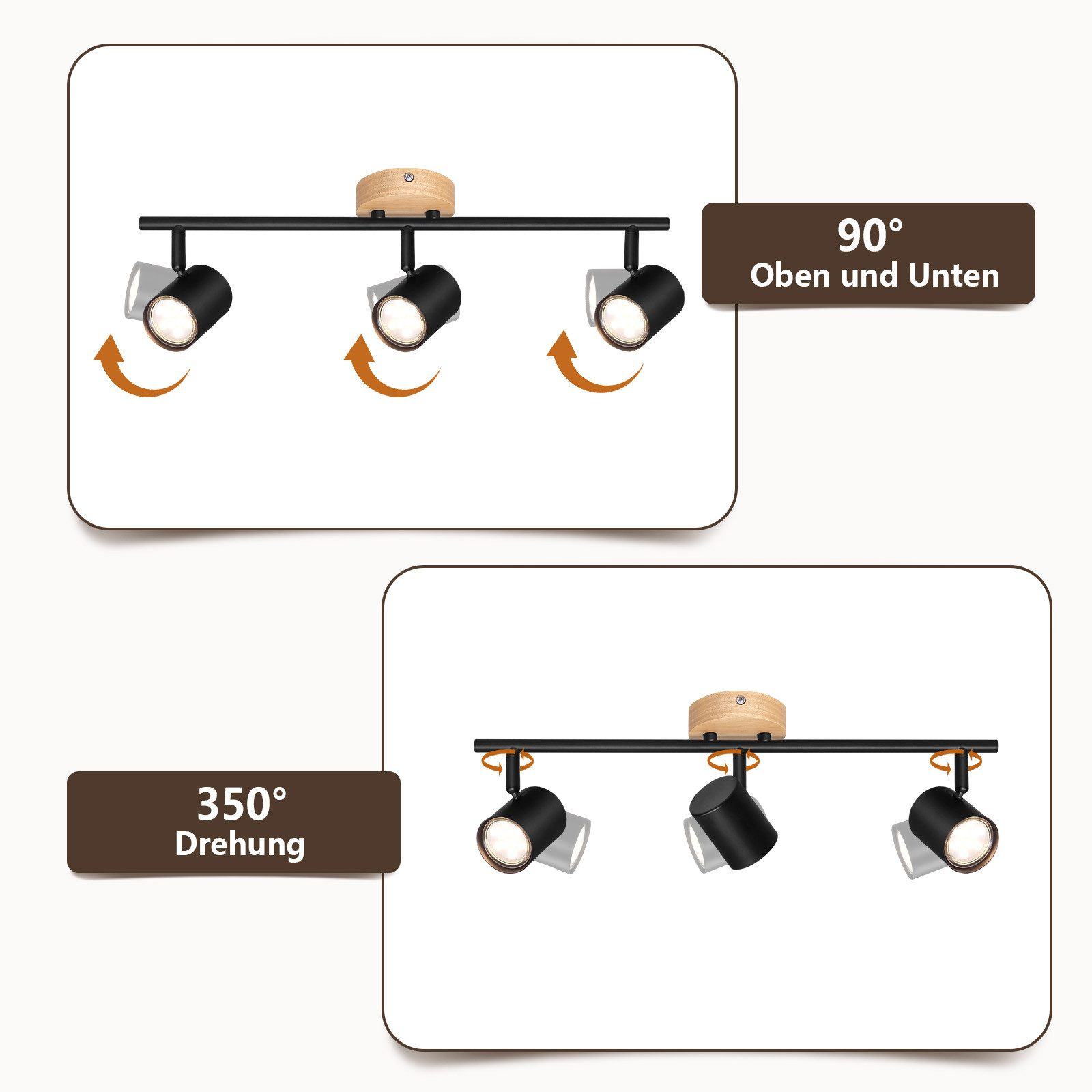 Czarne reflektory szynowe z regulacjami kierunkowymi, zilustrowane tekstem.
