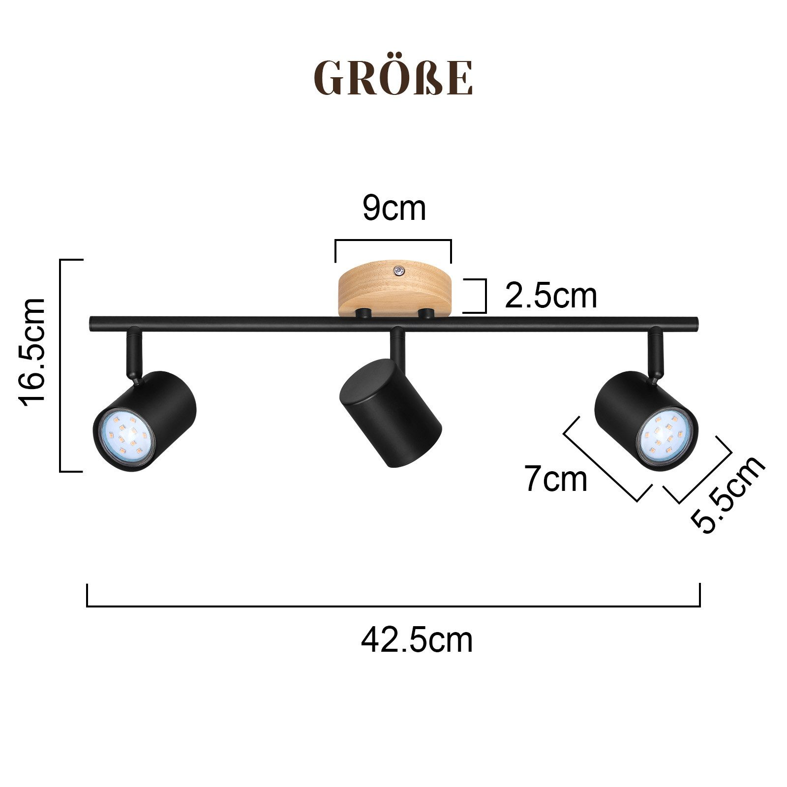 Lampa sufitowa z trzema reflektorami. Podano wymiary.