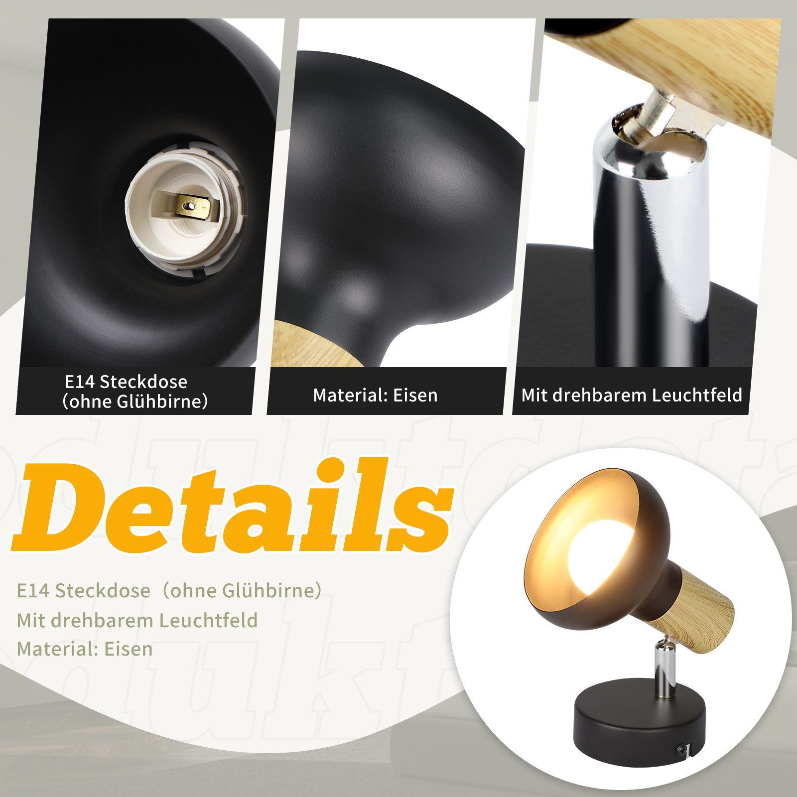 Dettagli di una lampada nera con base in legno, inclusa la presa della lampadina e una luce accesa.