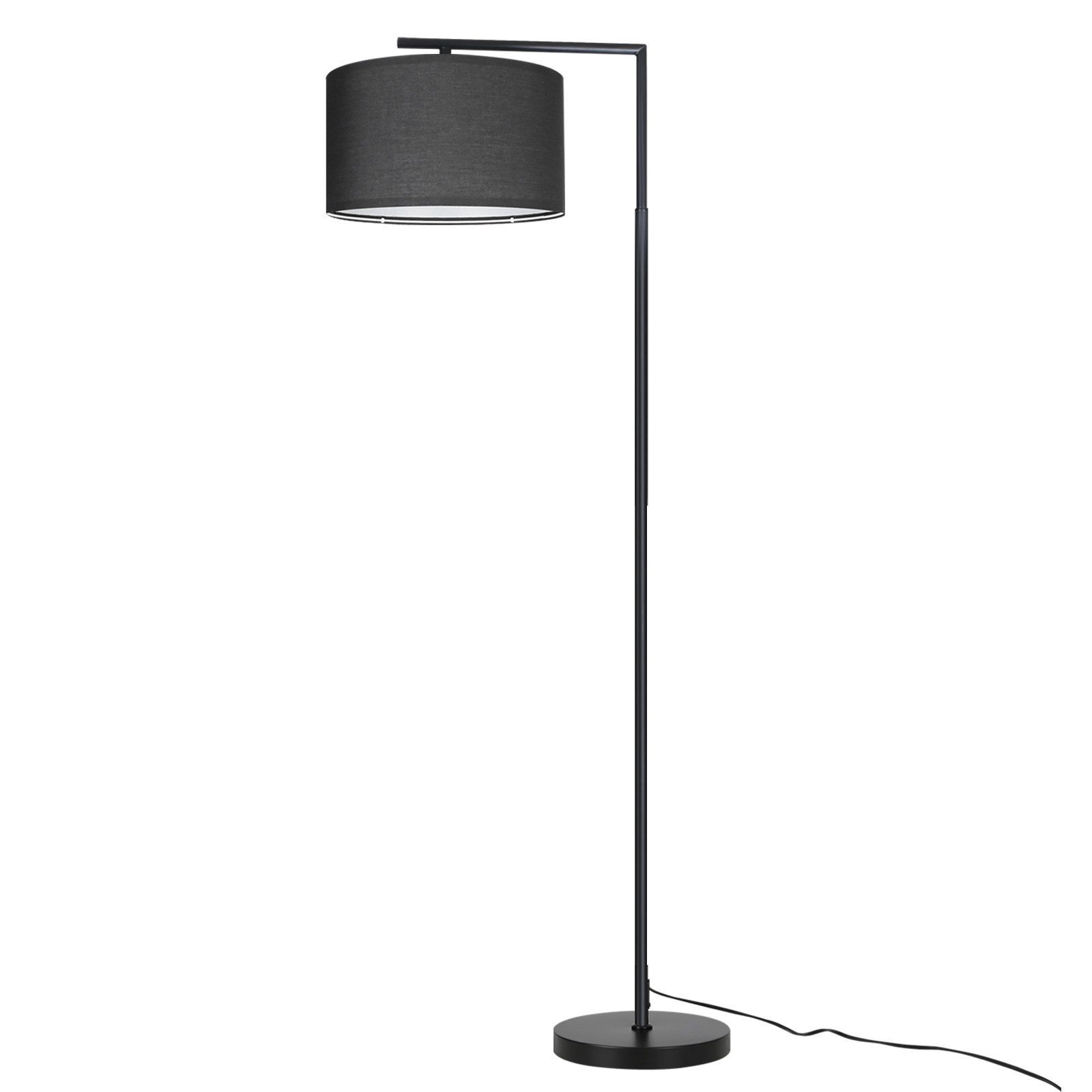 Schwarze Stehlampe mit grauem Lampenschirm. Die Lampe hat ein schlichtes, modernes Design.