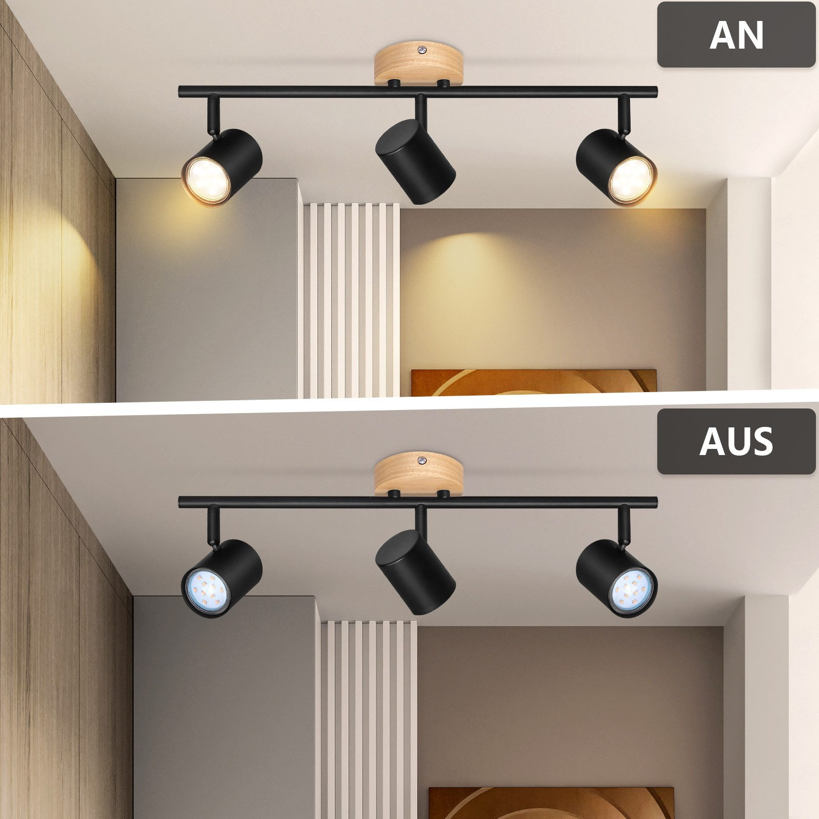 Czarne reflektory sufitowe z drewnianą podstawą. Dwa ujęcia z włączonym i wyłączonym światłem.