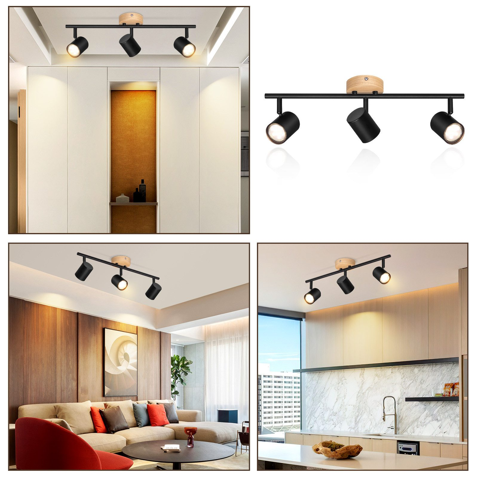 Wiele widoków czarnych reflektorów na szynie, zamontowanych na suficie.