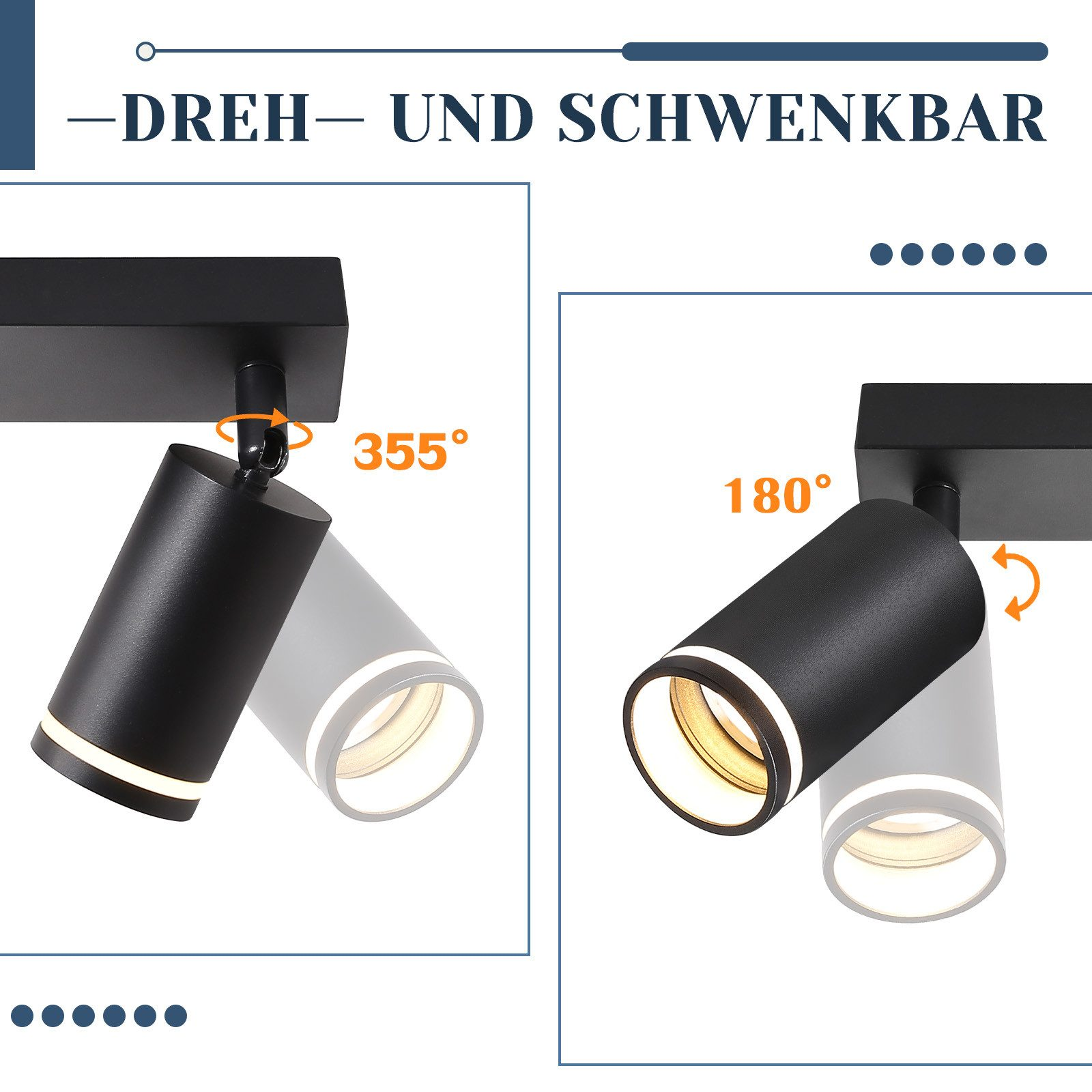 Czarne reflektory z regulowanymi głowicami, obracające się o 355 i 180 stopni, zamontowane na czarnym torze.