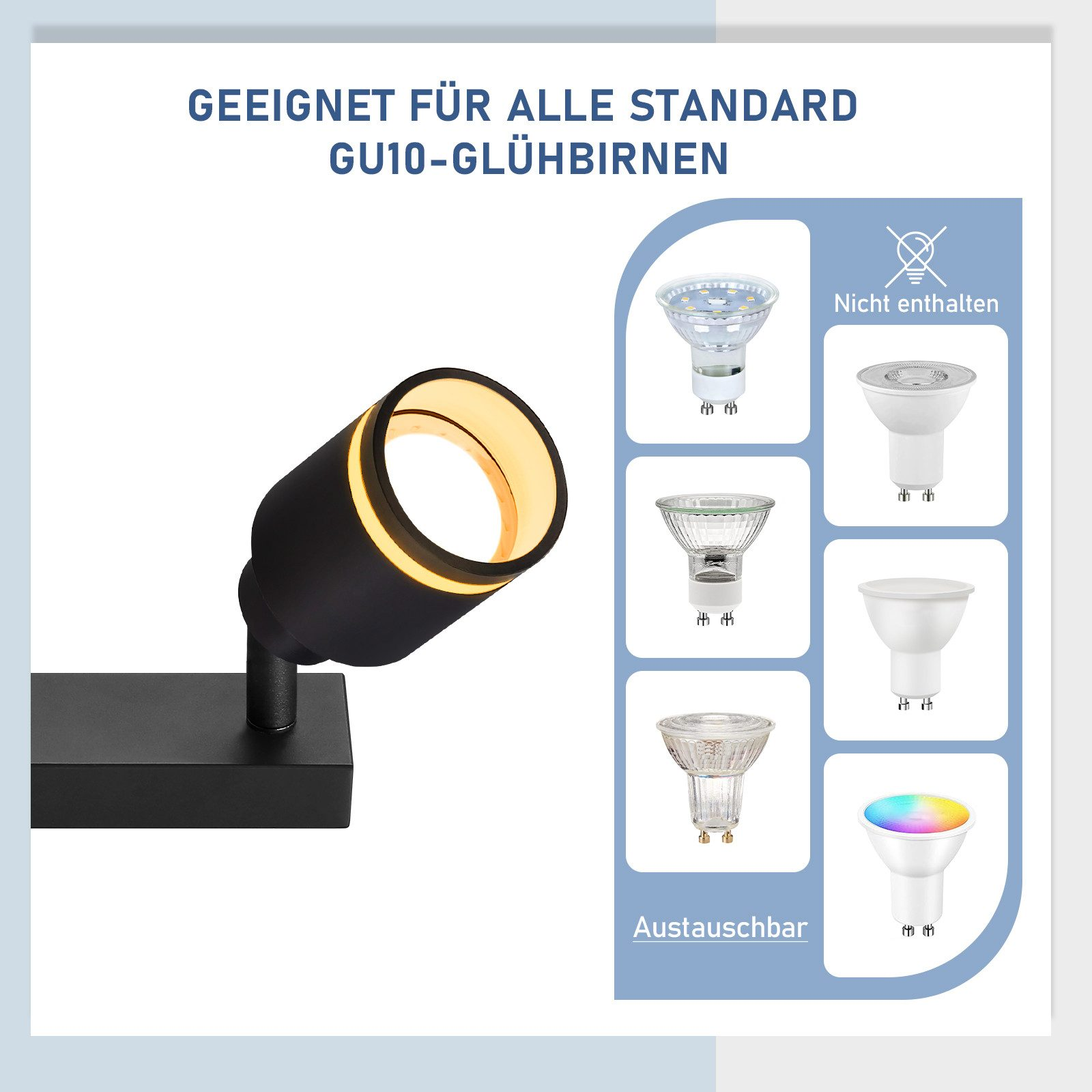 Faretto nero con luce e diversi esempi di lampadine. Il testo dice lampadine GU10.