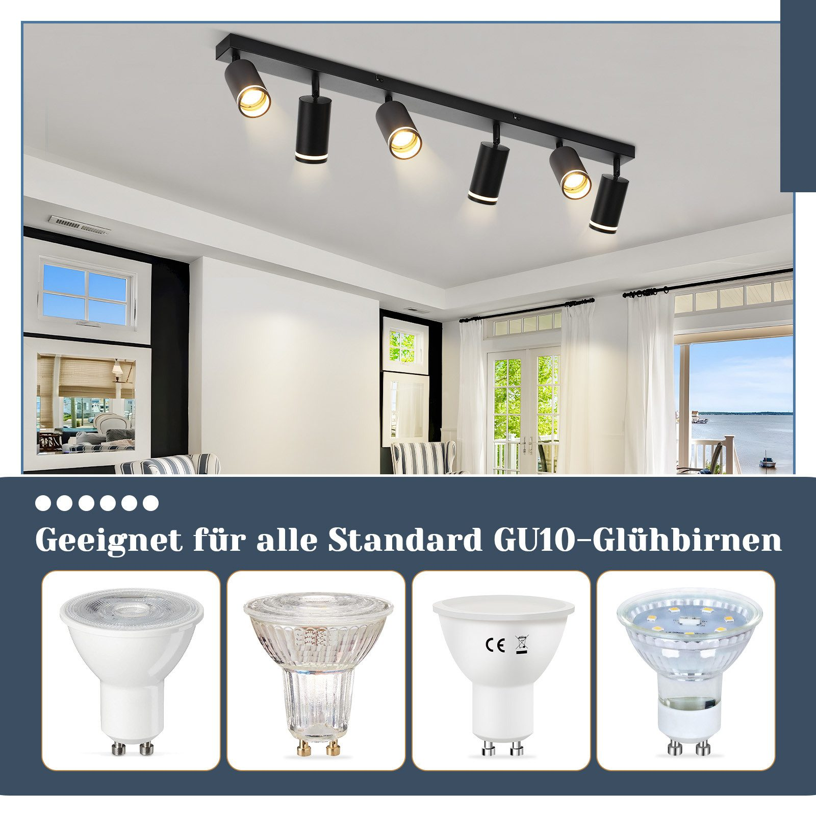 Rząd pięciu czarnych reflektorów na czarnej szynie. Poniżej znajdują się obrazy różnych typów żarówek.