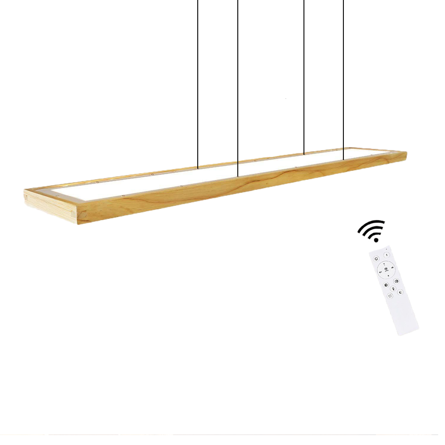 Lampada a sospensione rettangolare in legno con telecomando.
