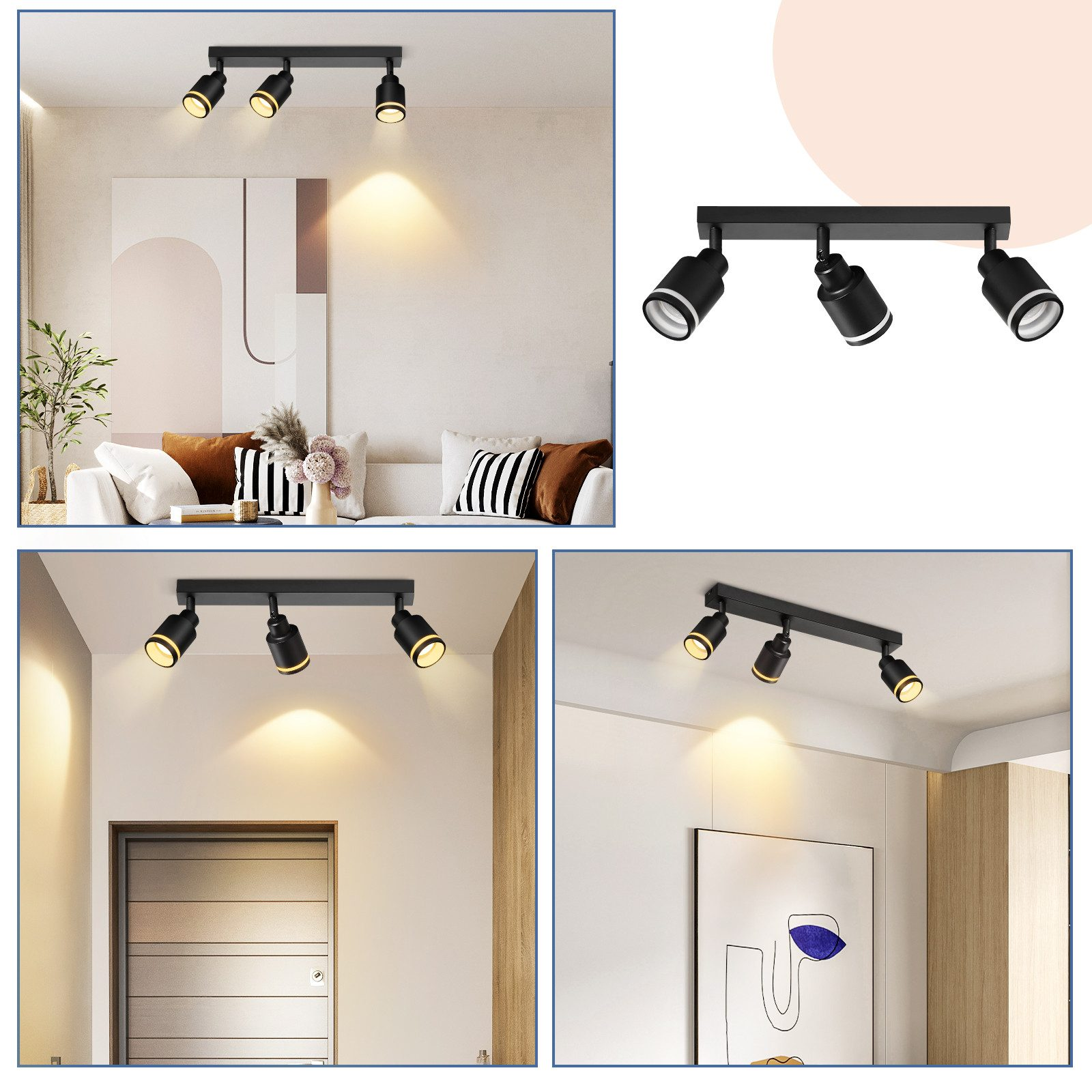 Diverse viste di un sistema di illuminazione a binario con tre faretti. Sono neri e regolabili.