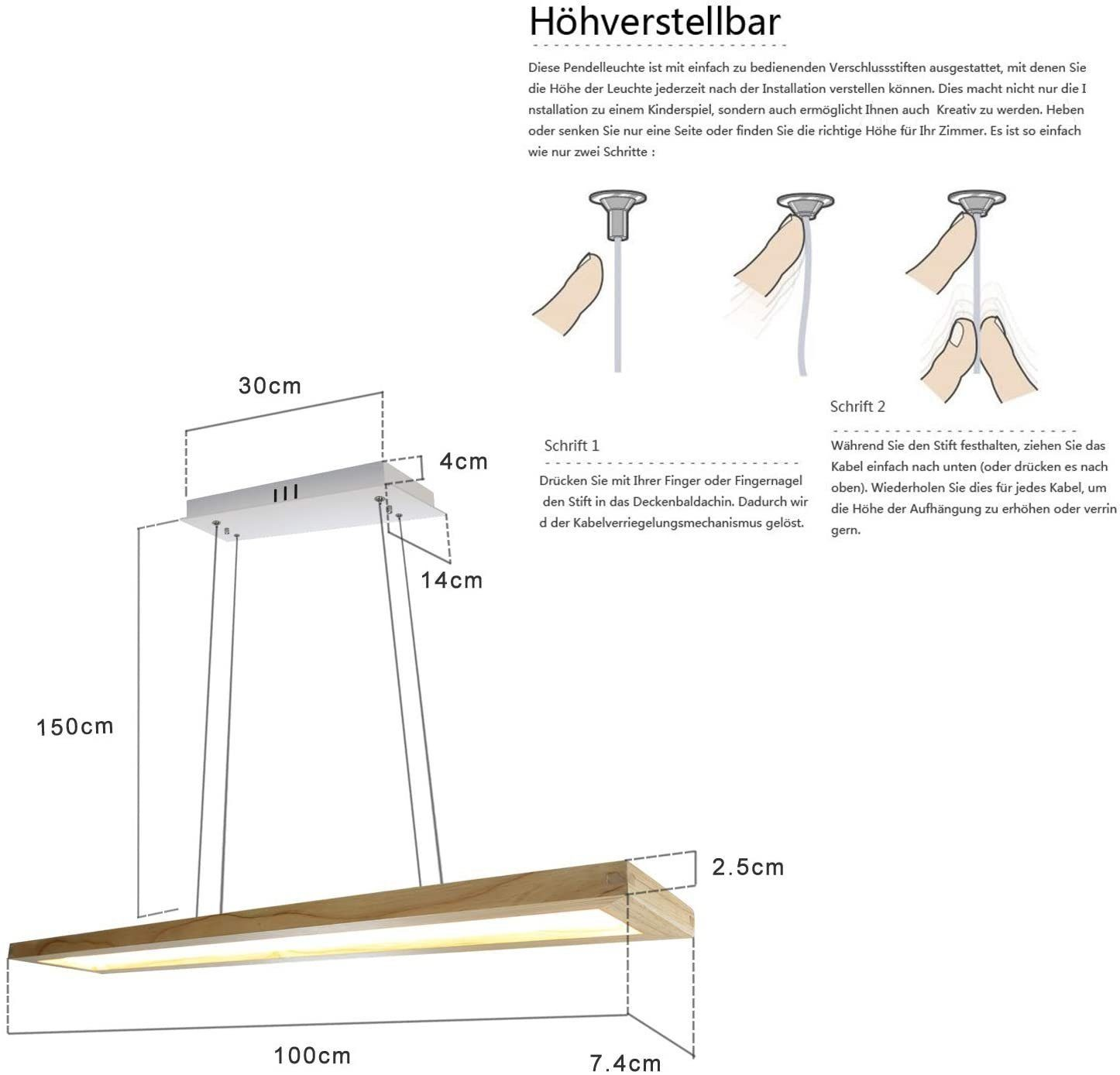 Una lunga lampada rettangolare in legno è appesa al soffitto. Le misure sono indicate. Istruzioni visualizzate.