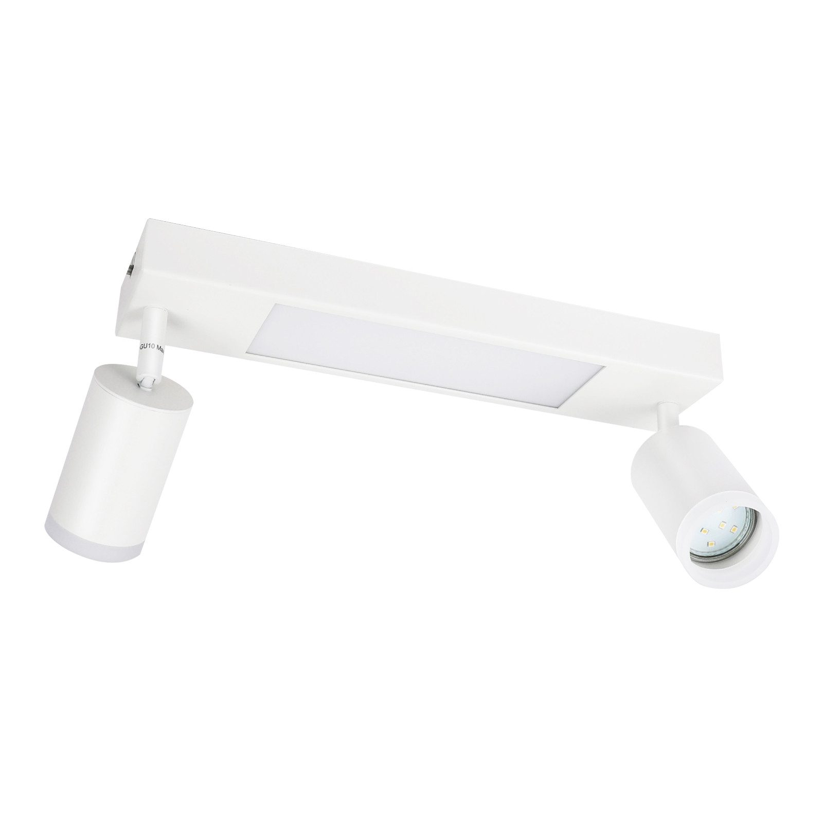 Lampada da soffitto bianca e moderna con due faretti regolabili. Lo sfondo è bianco.