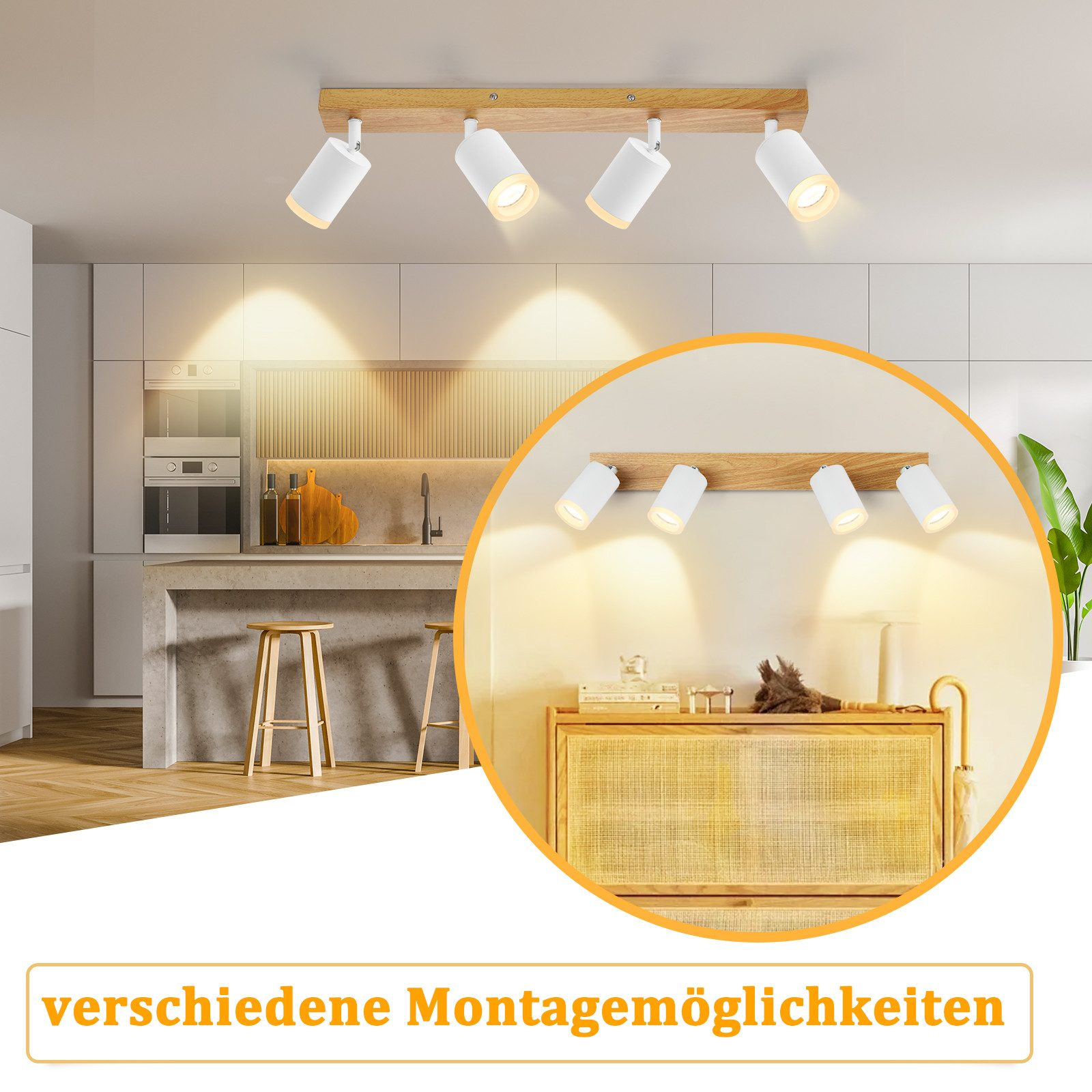 Białe reflektory na drewnianej belce; tło kuchni. Wstawka pokazuje szafkę z reflektorami.