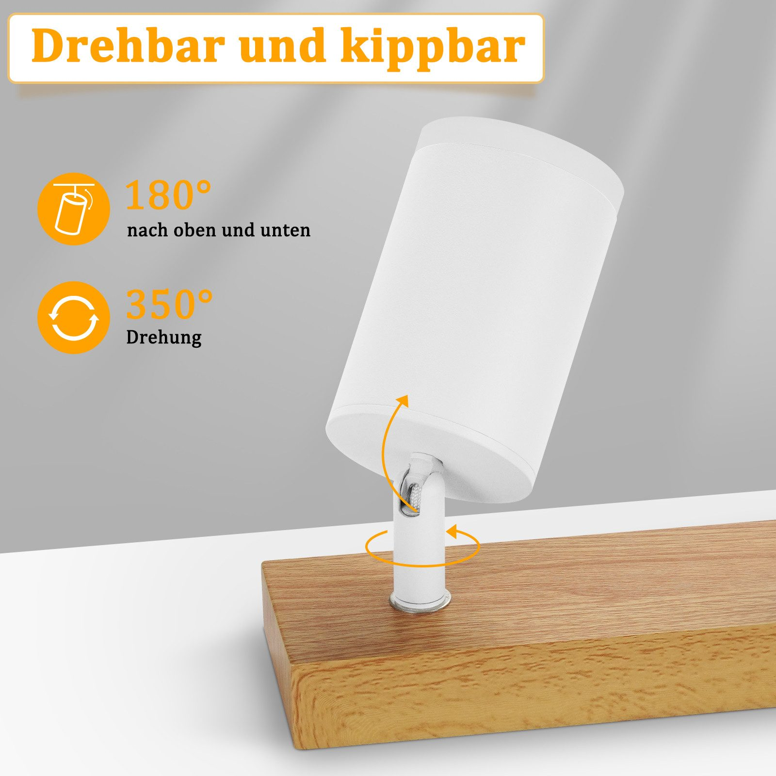 Biała lampa z drewnianą podstawą, pokazująca stopnie obrotu.