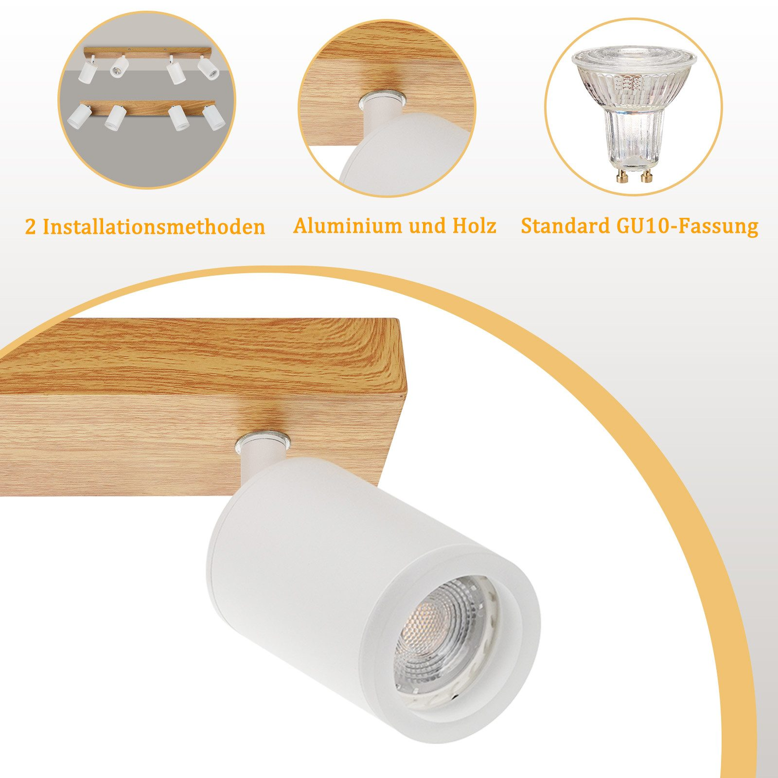 Drewniana oprawa oświetleniowa z trzema okrągłymi reflektorami i tekstem, z bliska żarówki.