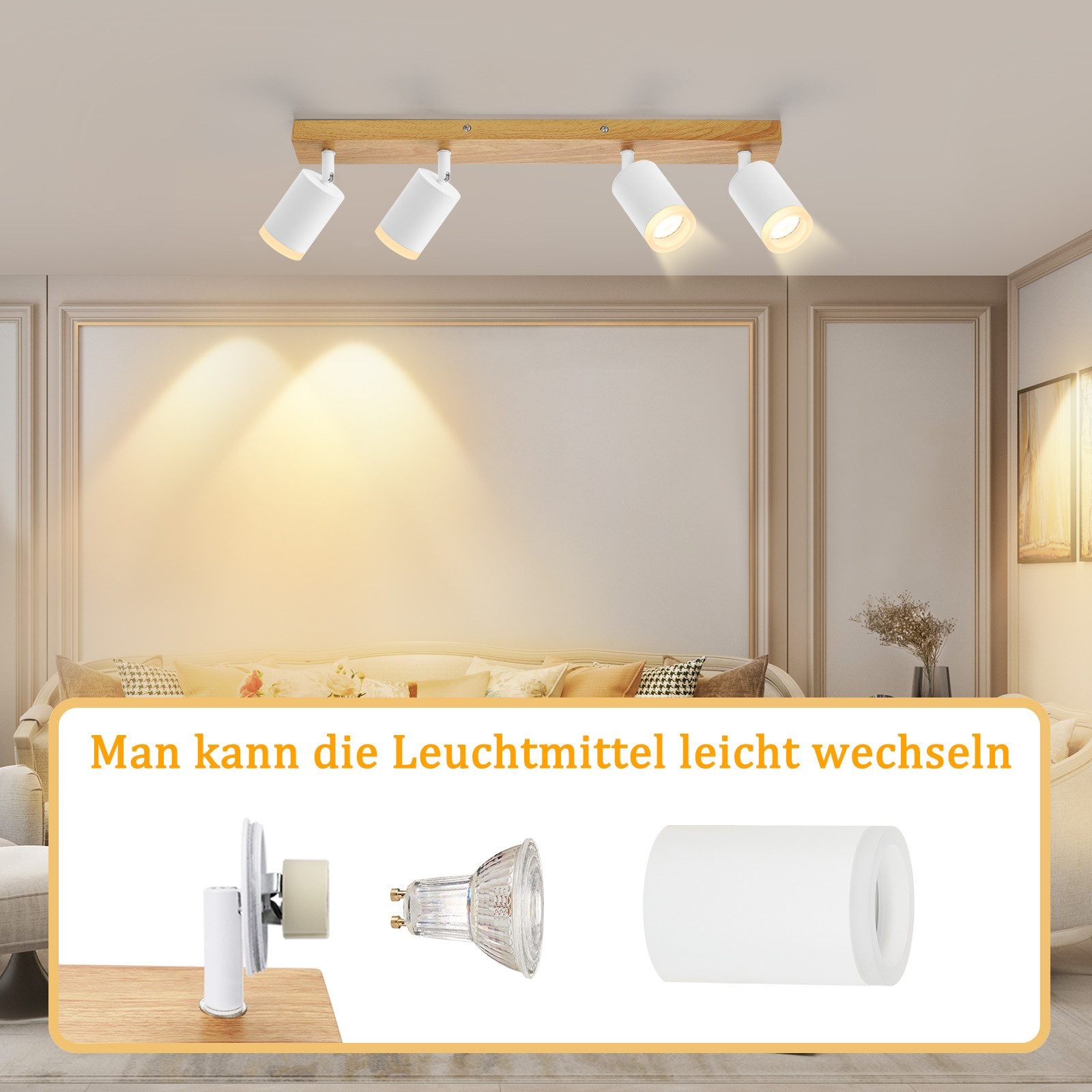 Drewniana lampa z czterema białymi reflektorami i wymiennymi żarówkami, z ikonami.