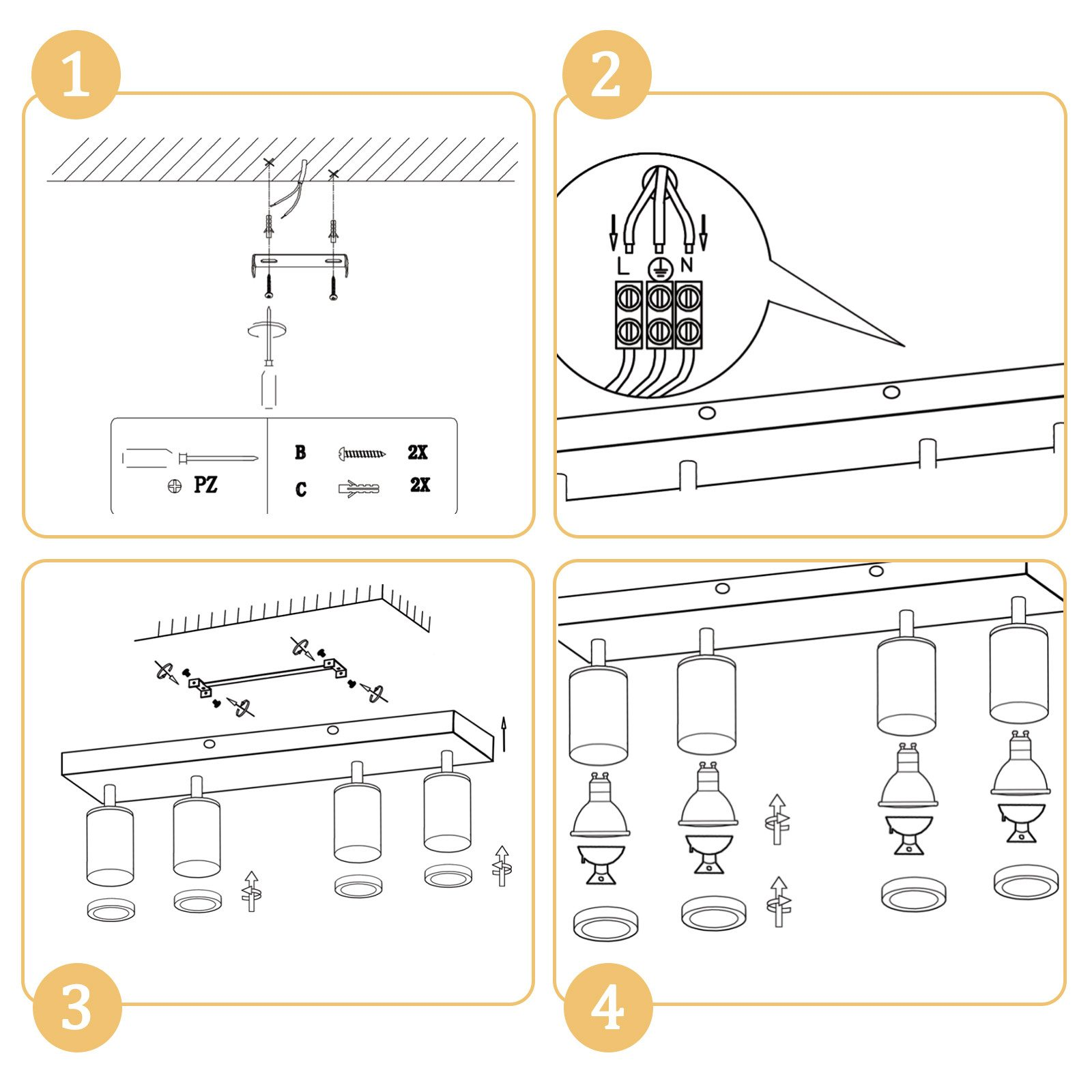 Czterostopniowy przewodnik instalacji lampy. Zawiera obrazy śrub, przewodów i samej lampy.