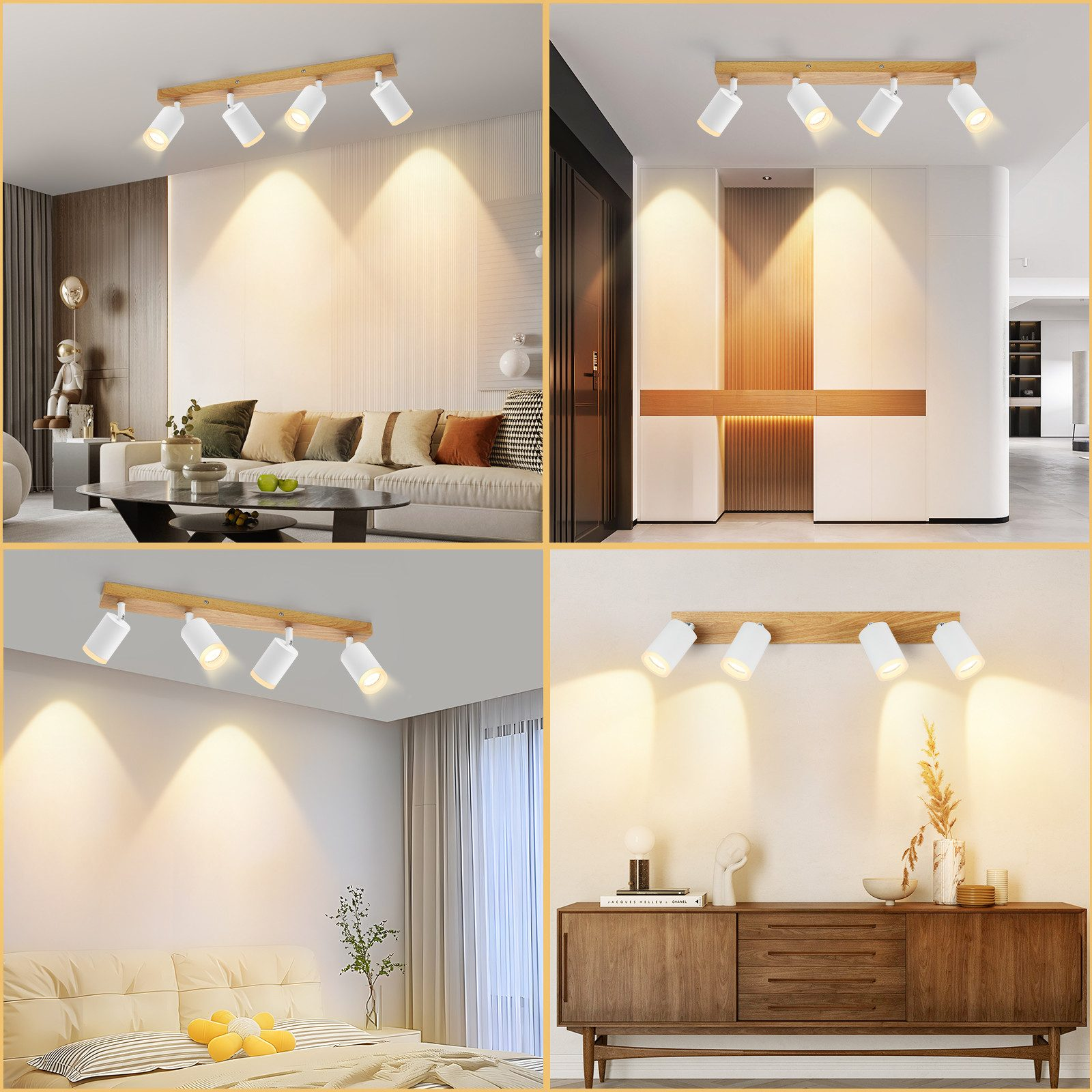 Cztery zdjęcia oświetlenia sufitowego. Są białe, na drewnianych belkach. Tło to pokój.
