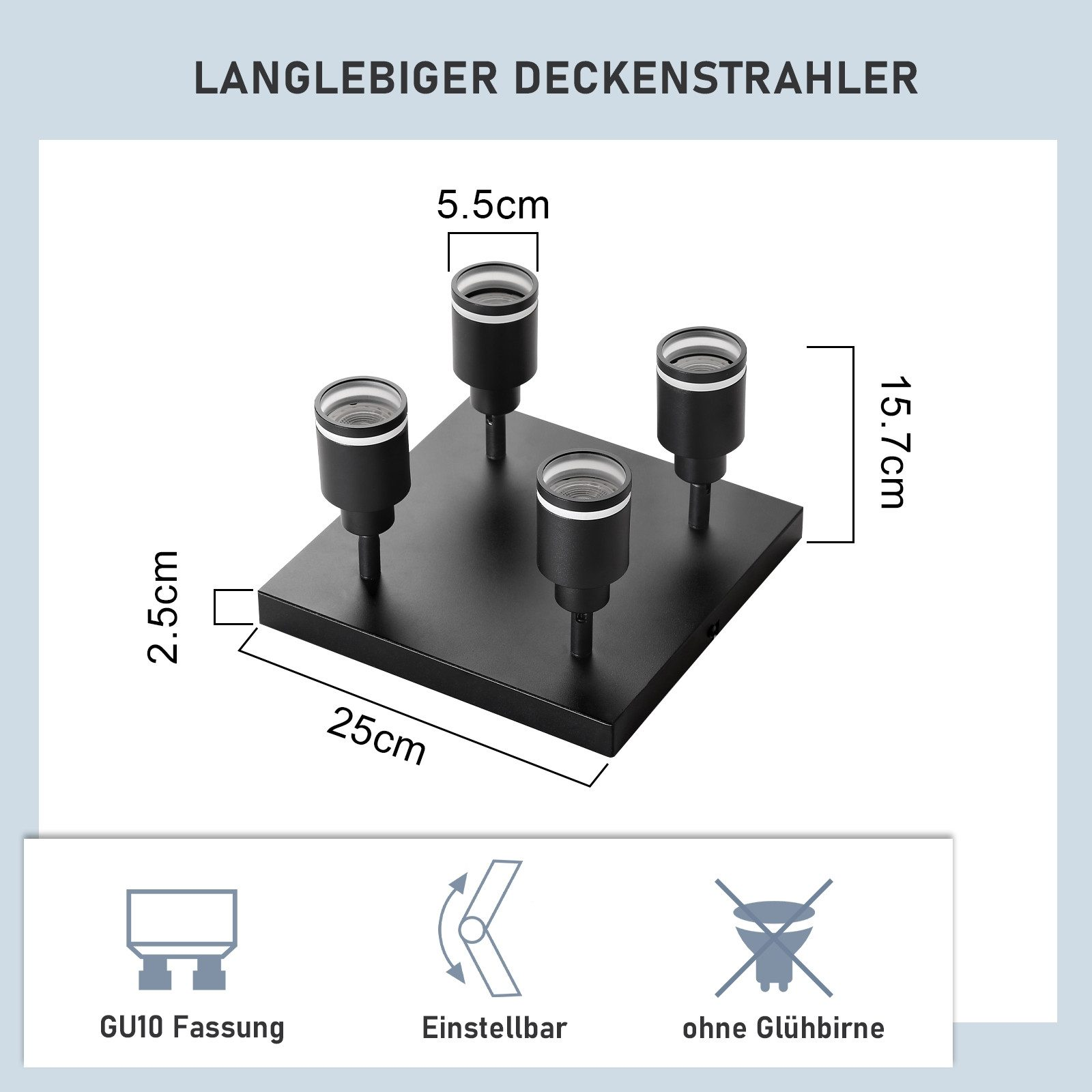 Un apparecchio di illuminazione a soffitto rettangolare nero con quattro faretti. Le dimensioni sono visualizzate.