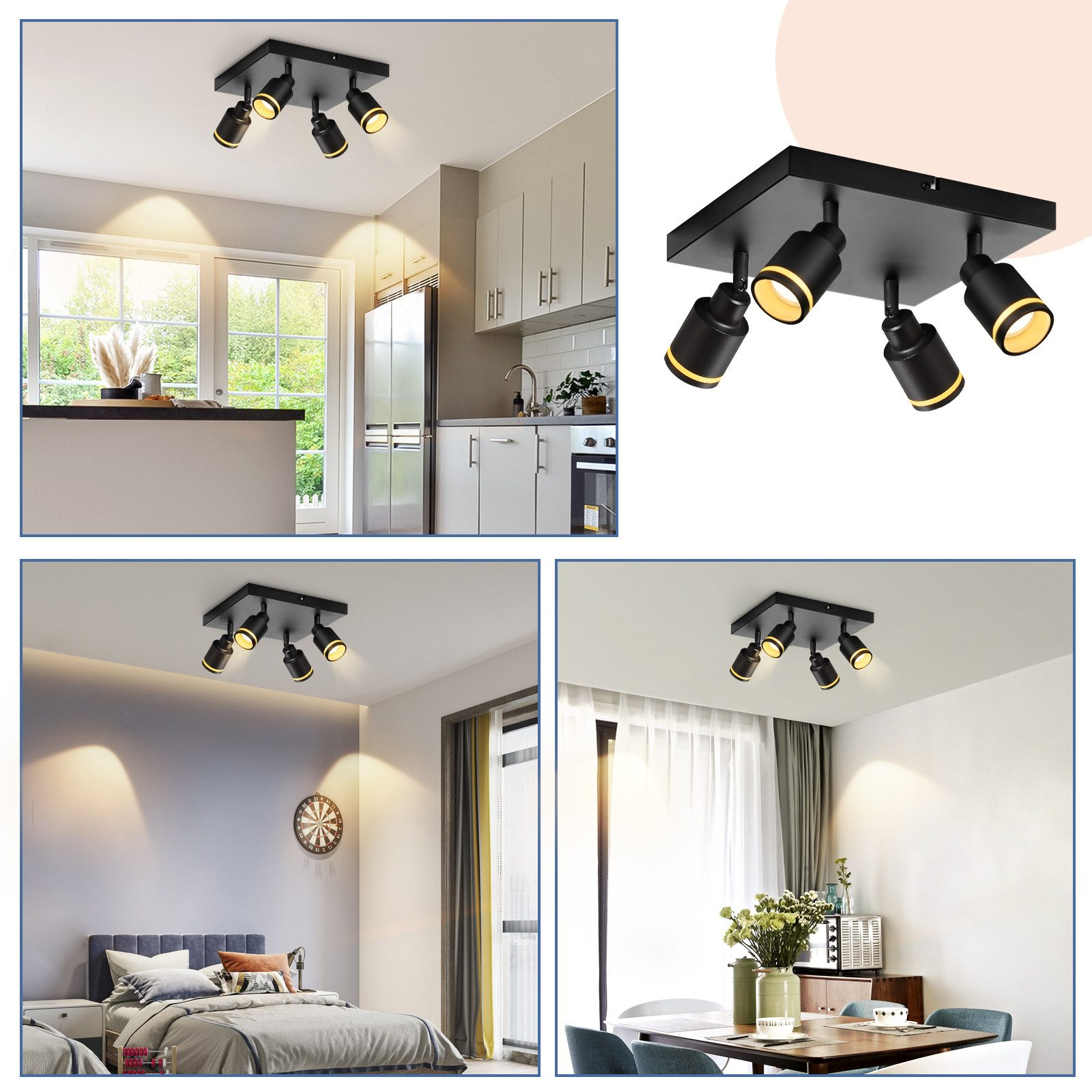 Quattro immagini di faretti da soffitto neri in diverse stanze, tra cui cucina, camera da letto e soggiorno.