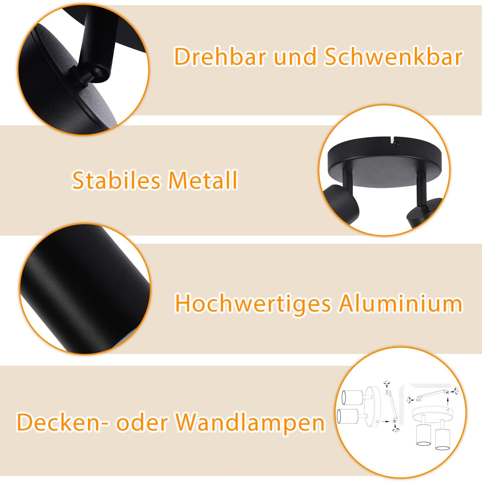Schemat reflektora pokazujący obrotowość, stabilny metal i wysokiej jakości aluminium.
