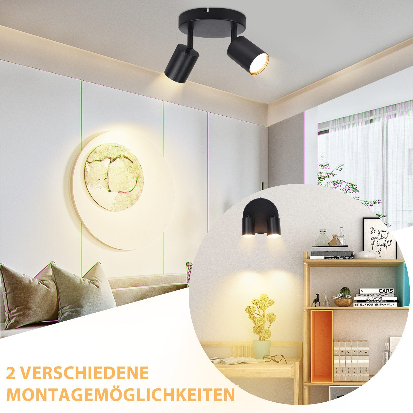 Czarne lampy sufitowe z dwoma lub trzema reflektorami, oświetlające pomieszczenie o minimalistycznym designie.