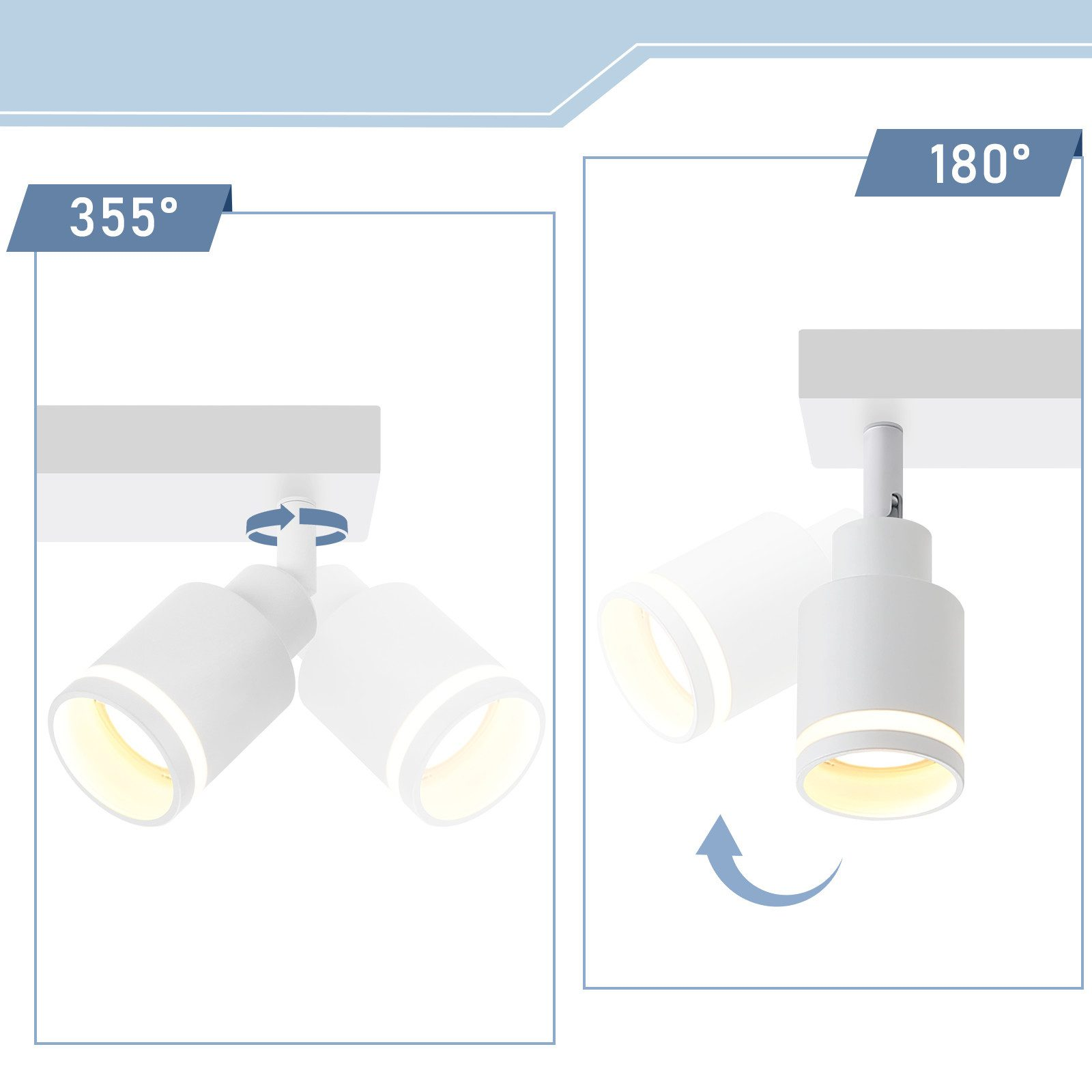 Dwa białe reflektory, jeden obrócony o 355 stopni, drugi o 180 stopni. Są zamontowane na białym drążku.