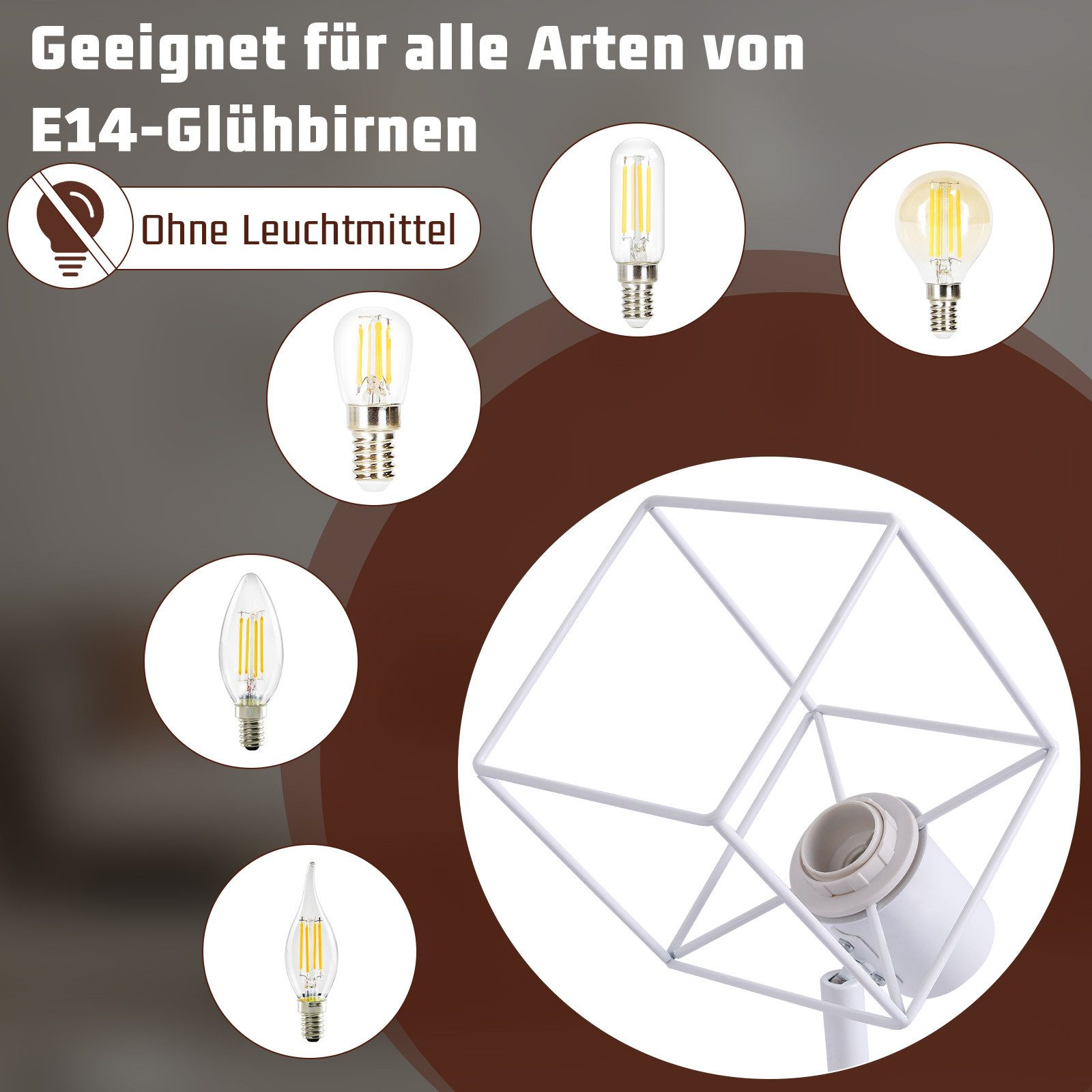 Una base per lampada bianca con diverse lampadine E14 su sfondo bianco e una base per lampada.