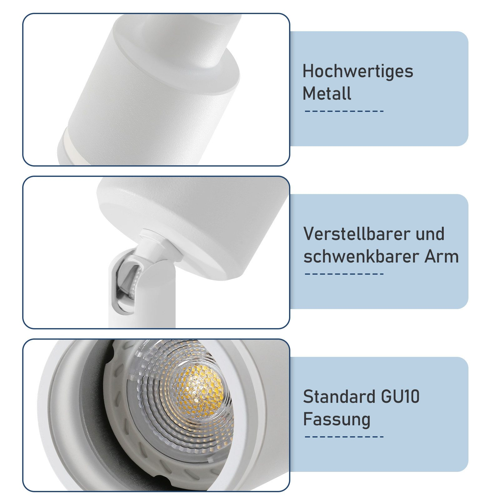 Zbliżenia białego reflektora. Szczegóły: wysokiej jakości metal, regulowane ramię, gniazdo GU10.