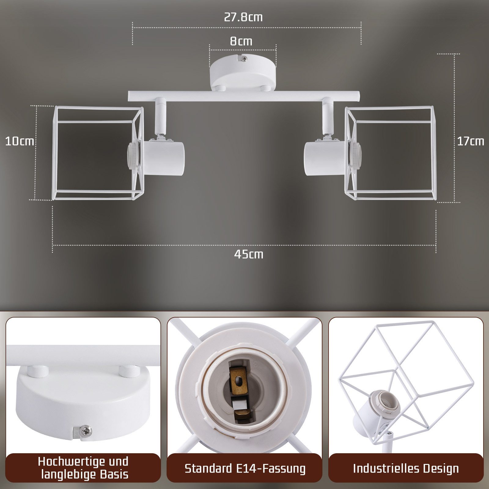 Un apparecchio di illuminazione rettangolare bianco con dimensioni e tre immagini dettagliate che mostrano le caratteristiche dell'apparecchio.