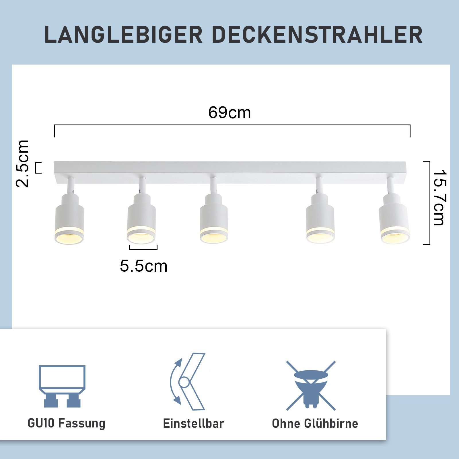 Biała, prostokątna oprawa oświetleniowa sufitowa z pięcioma białymi głowicami świetlnymi i diagram wymiarów.