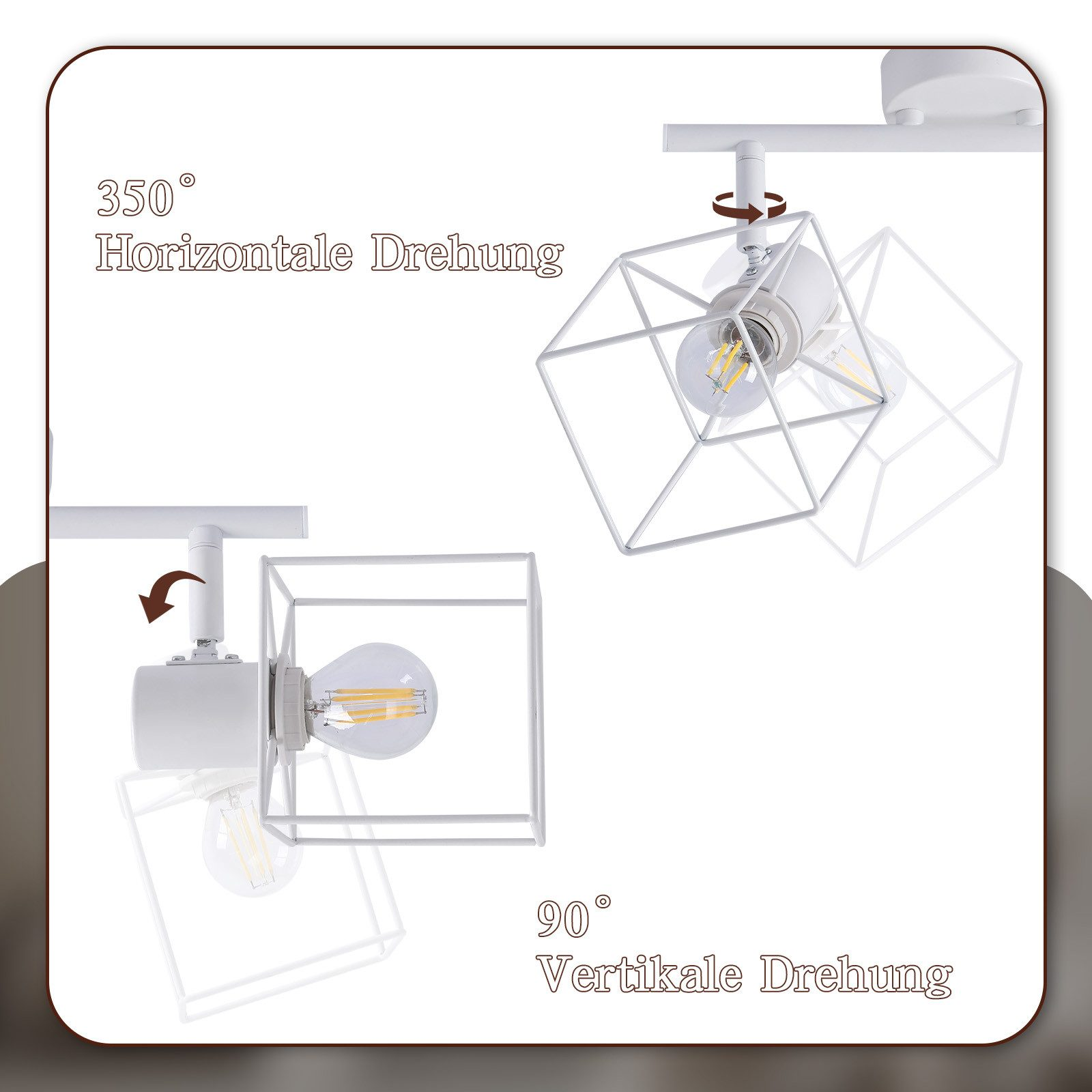 Apparecchi di illuminazione geometrici bianchi con capacità di rotazione e inclinazione, con lampadina visibile.