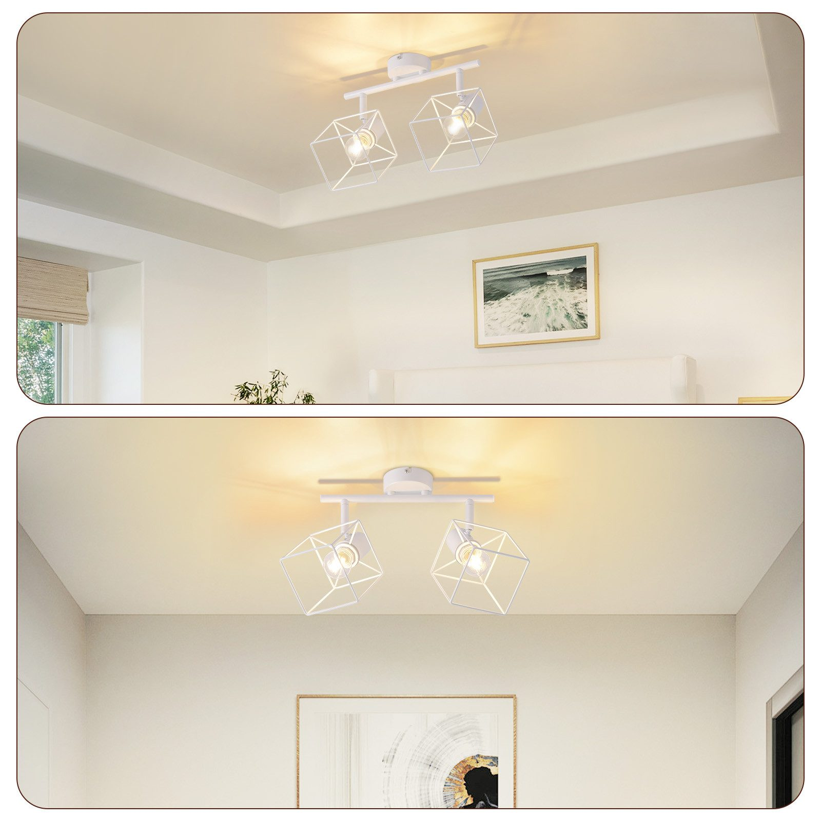 Due foto di un soffitto con luci bianche.