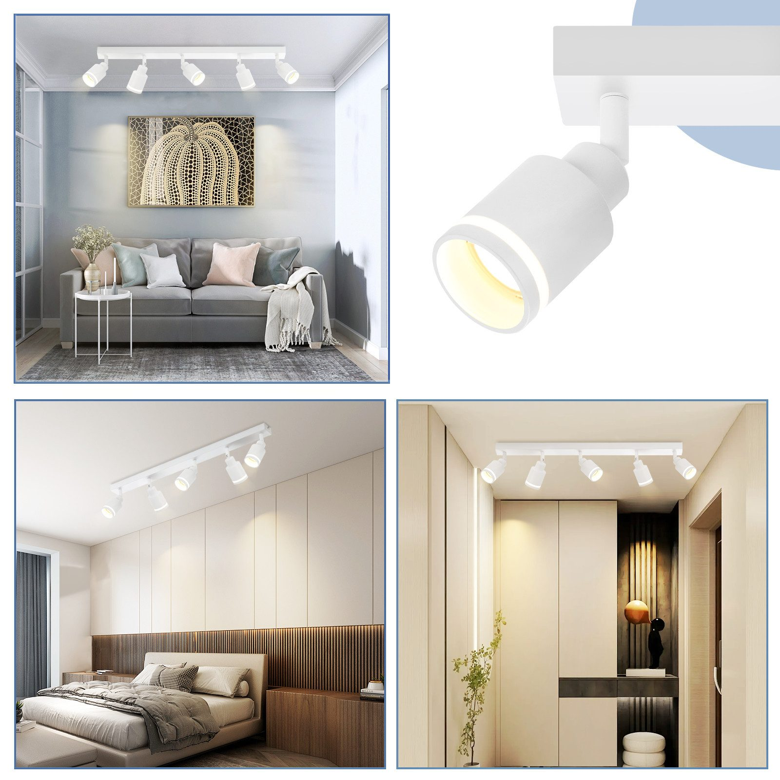 Białe oprawy oświetlenia szynowego w różnych wnętrzach. Każda ma wiele reflektorów.