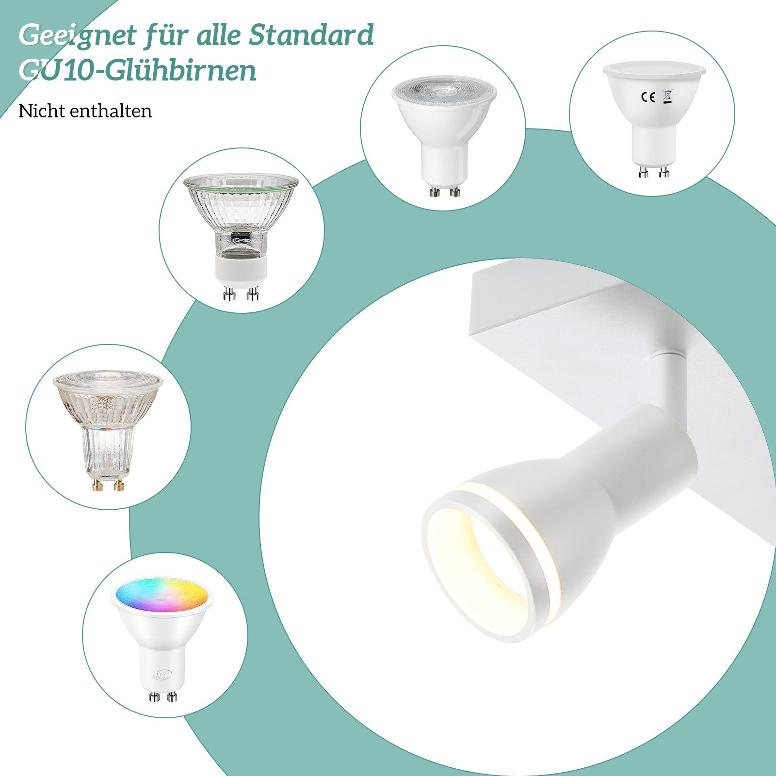 Faretto con varie lampadine GU10 intorno. Il faretto è bianco con una luce che brilla.