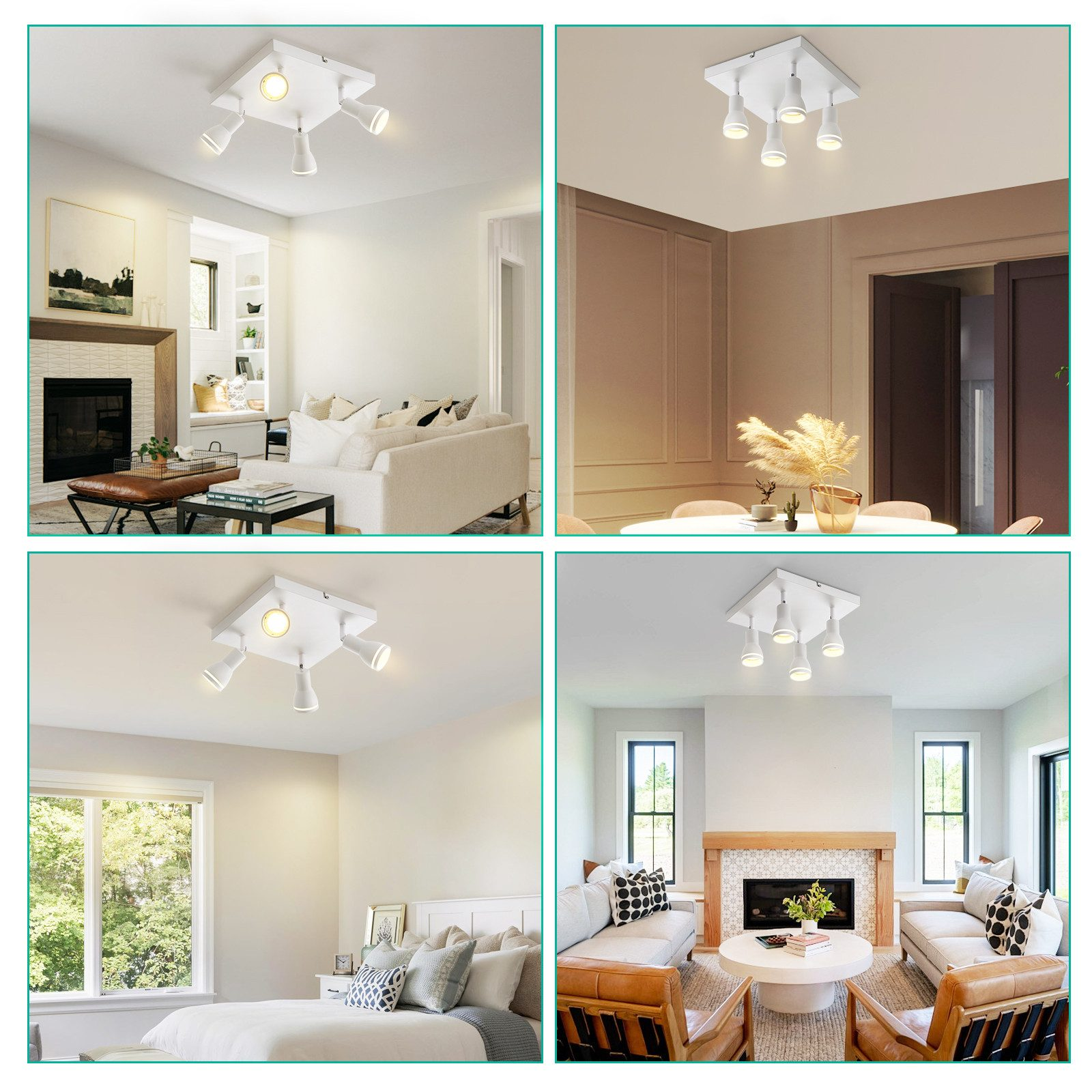 Immagini multiple di faretti a soffitto in varie stanze. Pareti bianche, mobili e diverse ambientazioni.