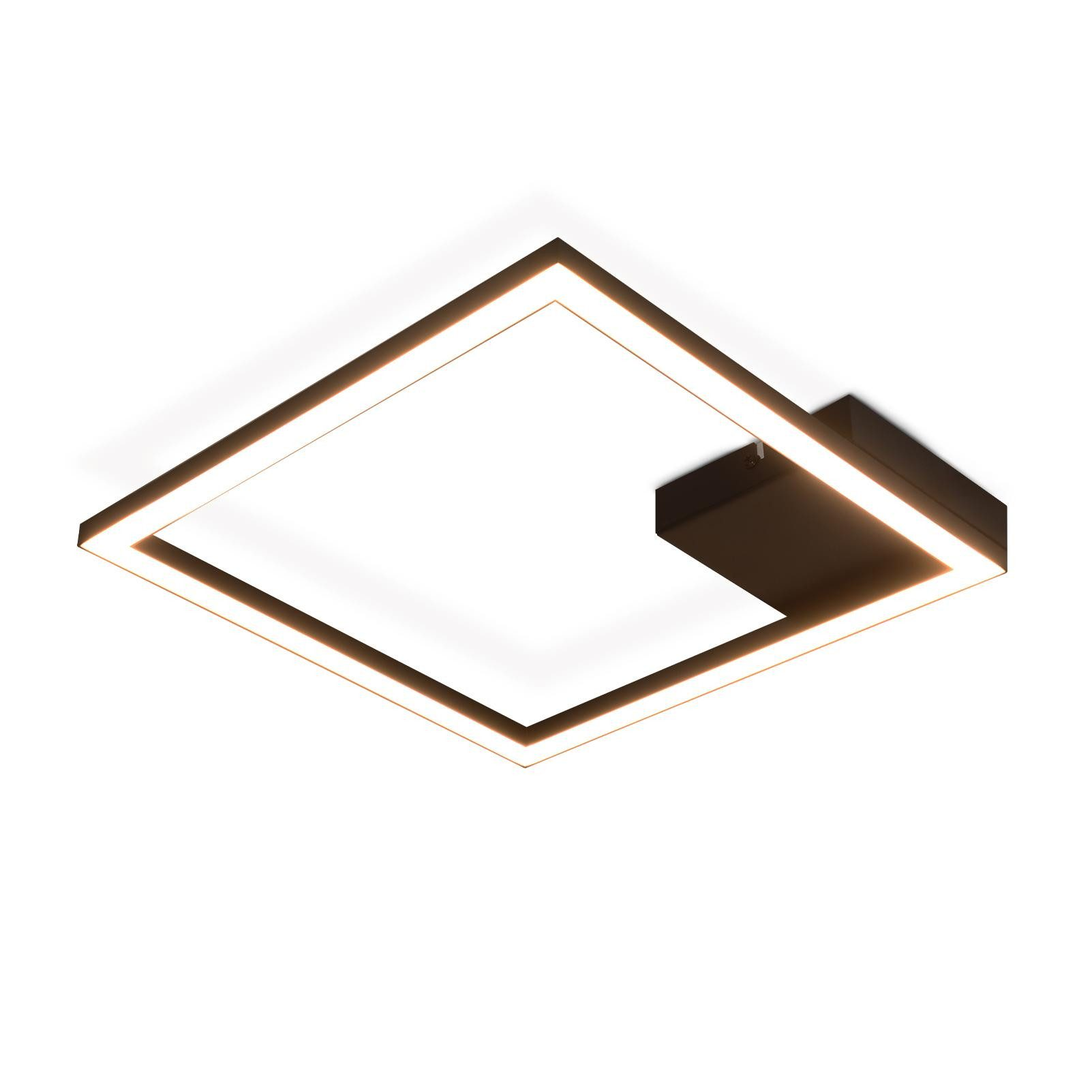 Un apparecchio per plafoniera a LED quadrato con cornice scura e interno bianco.